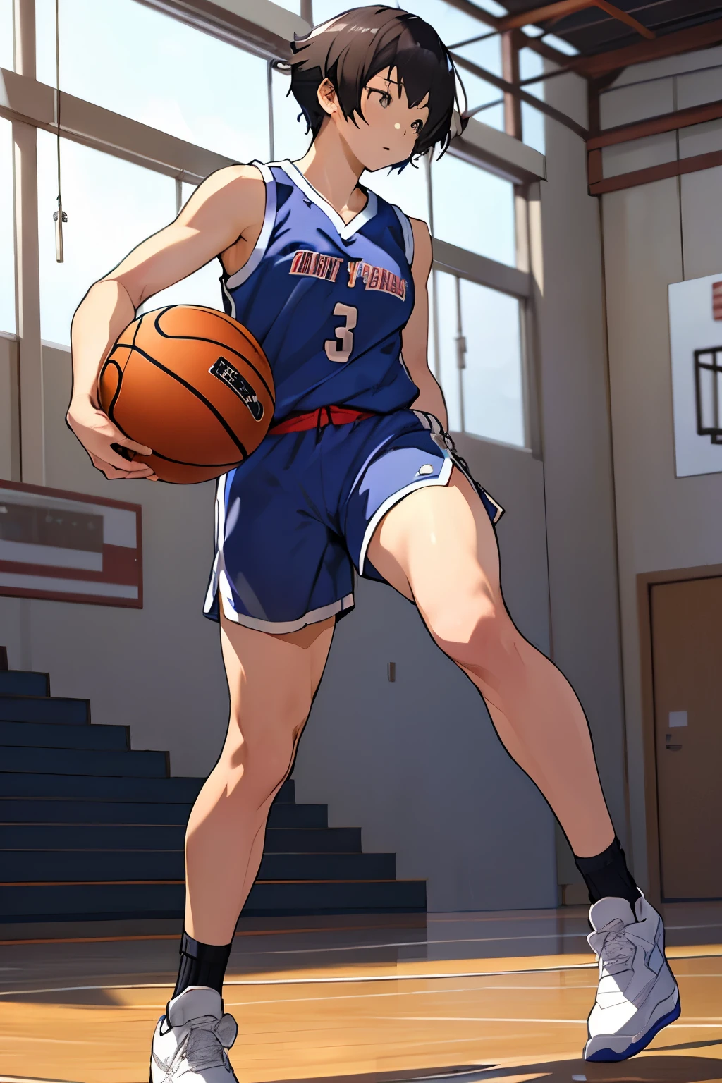 ((Best Quality)), ((masutepiece)), (Detailed), Perfect face、fullllbody、Gymnasium、细致背景、basketball、player、1 girl in、Short hair