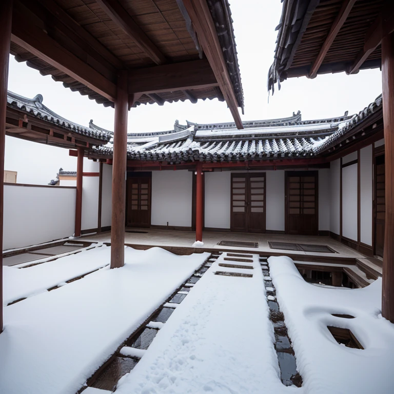 Oyuki,Dirt paths,Ancient Chinese dilapidated tile-roofed house,courtyard,zaun,Thick white snow HD realistic