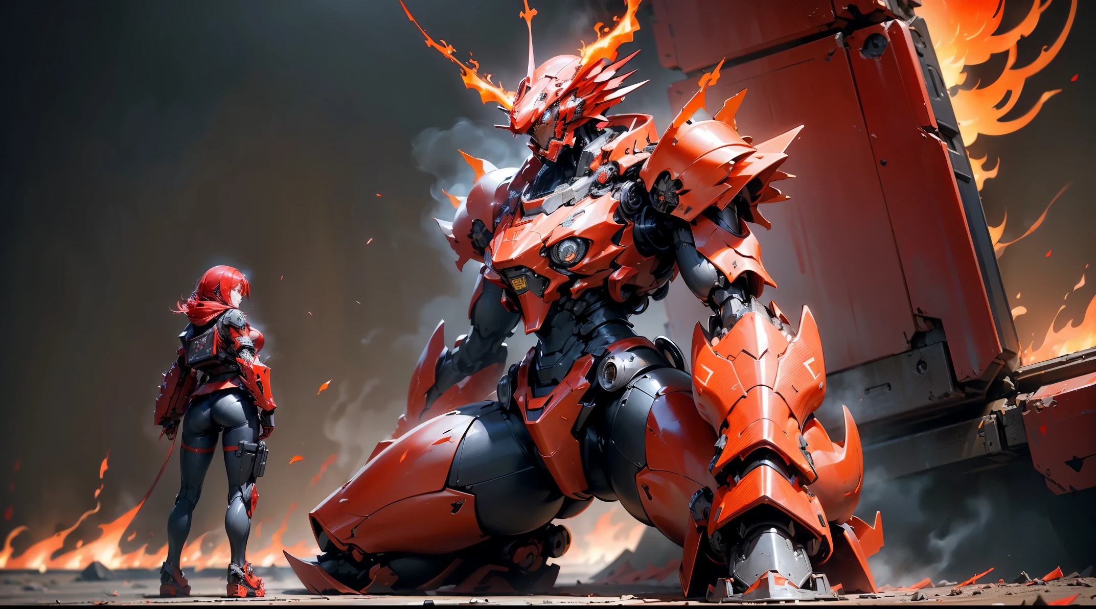 (masutepiece,Extremely detailed, Heavy mechs, hard surface),(concept art:1.1),(Armored Core Style:0.8), A giant red frog robot and a woman wearing ninja robot armor,(The background is a crimson flame:1.5),逼真