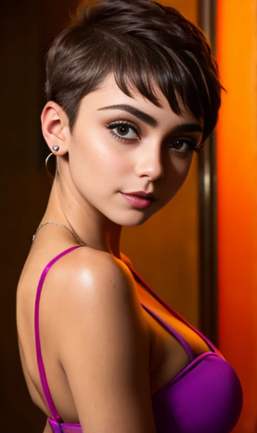 Photo of a 15-year-old European girl, .RAW, beautiful woman,pecas en mejillas y pecho ,hermosos  ojos azules(Light brown hair pixie haircut),corte de cabello pixie desalineado ((retrato)), ((Cara detallada:1.2)), ((Detailed facial features)), (Piel finamente detallada)  ,lindo maquillaje, Purple eyeshadows on eyelids ,Un sexy(cool color), (Masutepiece) (proporciones perfectaotos realistas)(La mejor calidad), NffSW, (8k) (papel tapiz) (cinematic lighting) (Dramatic lighting) (foco nítido) (Enrevesado) , fondo variado , linda sonrisa, foto de cuerpo completo , posando para foto , gargantilla negra , aretes de clip , maquillaje , labios rojos , sombra de ojos morada , hermosa desnudes , desnuda , showing , alegre