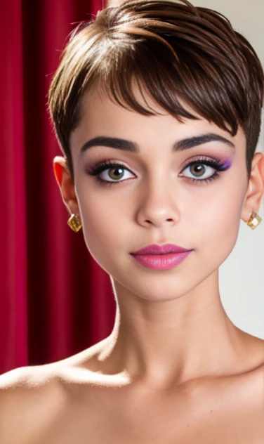 Photo of a 15-year-old European girl, .RAW, beautiful woman,pecas en mejillas y pecho ,hermosos  ojos azules(Light brown hair pixie haircut),corte de cabello pixie desalineado ((retrato)), ((Cara detallada:1.2)), ((Detailed facial features)), (Piel finamente detallada)  ,lindo maquillaje, Purple eyeshadows on eyelids ,Un sexy(cool color), (Masutepiece) (proporciones perfectaotos realistas)(La mejor calidad), NffSW, (8k) (papel tapiz) (cinematic lighting) (Dramatic lighting) (foco nítido) (Enrevesado) , fondo variado , linda sonrisa, foto de cuerpo completo , posando para foto , gargantilla negra , aretes de clip , maquillaje , labios rojos , sombra de ojos morada , hermosa desnudes , desnuda , showing , alegre