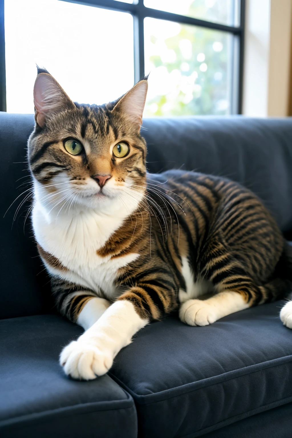 hyper ultra realistic photographs of a ((best quality)), ((masterpiece)), (detailed), perfect face, ultra realistic, Ta-Ra is an 8-year-old boy. Ta-Ra is on a couch holding a toy. The couch is checkered. There are 2 tiny cats on the couch. One cat is black and asleep. Another cat is a tabby with blue eyes, high definition, 3d, Esthetic. ratio 16:9, 4k, 8k resolution, High quality photo, high detailed images