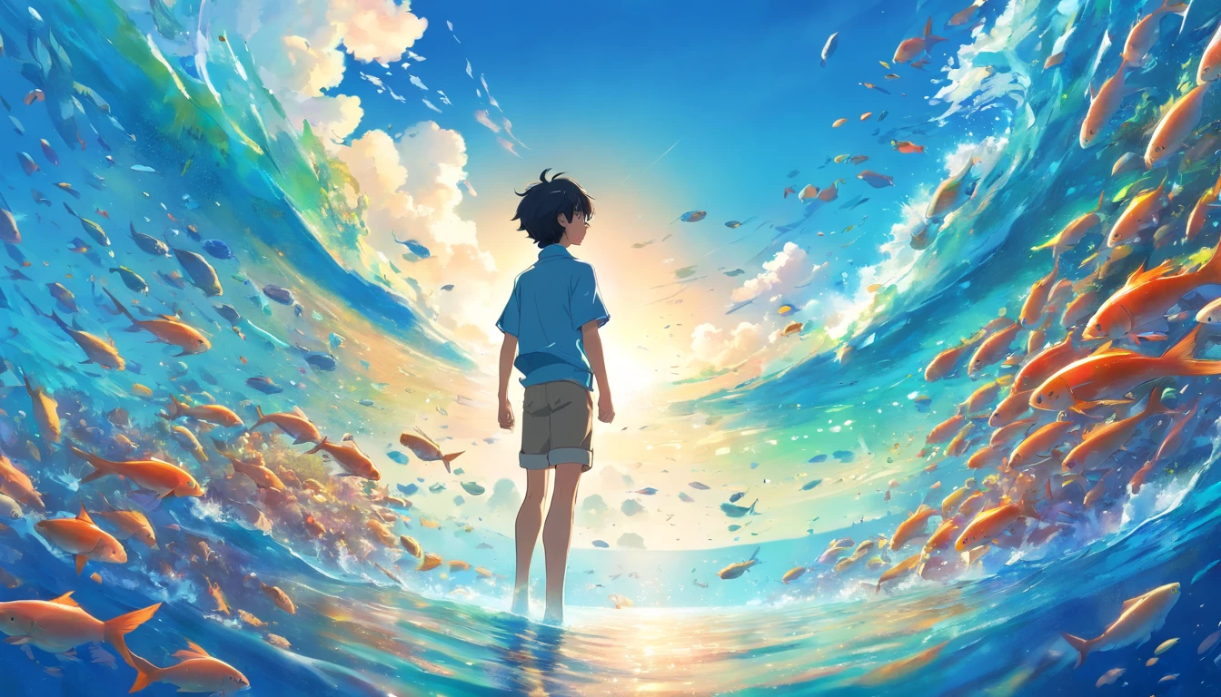 anime boy standing in a sea of fish under a blue sky, concept art by Yuumei, pixiv contest winner, conceptual art, beautiful anime artwork, trending on artstation pixiv, a beautiful artwork illustration, anime art wallpaper 4 k, anime art wallpaper 4k, beautiful anime art, standing under the sea, wallpaper anime blue water