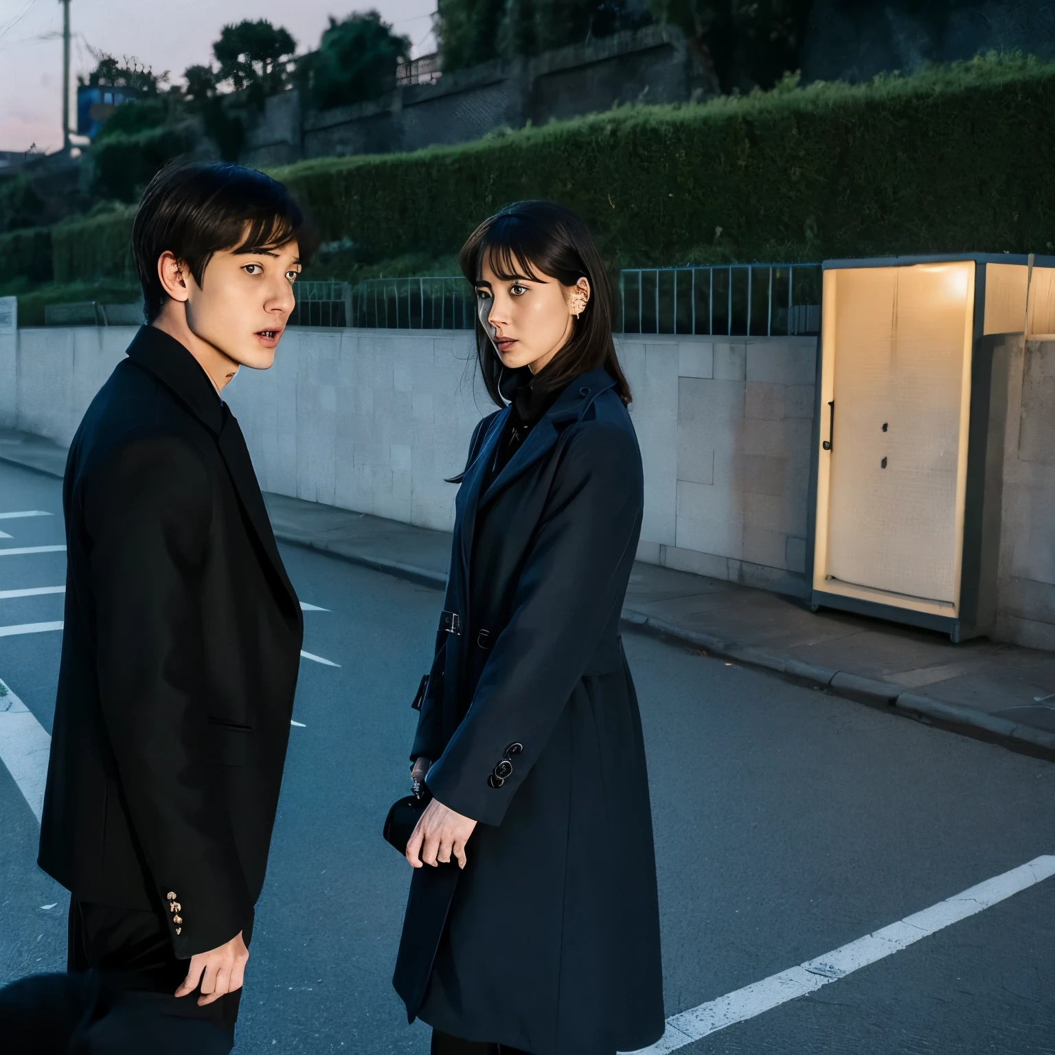 A handsome man in a panic and the ghost of a woman watching nearby