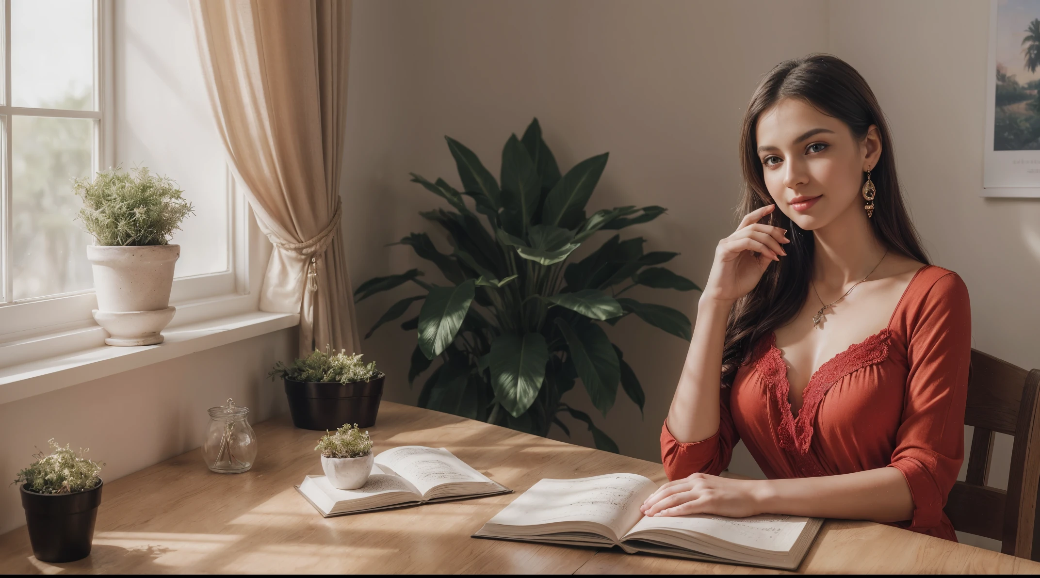 A 17 years old girl studying alone in her aesthetic room. Soft natural lighting, minimalistic decor, and plants create a calm and inspiring atmosphere. [Her face is combination of (((irene1:1.2))) and (((Excella_er5:1.2)))], She sits at her desk, engrossed in her books and notes. ((She is wearing a (red:1.4) see-through ultra-short minidress:1.4)). Her cleavage was visible from her large breasts. She has black hair,tall and slender body,(192cm tall),thin and delicate figure,graceful posture. The room is adorned with motivational posters, a gallery wall with paintings, and a cozy reading nook with a window seat. The girl's face radiates concentration and determination. Her beautiful detailed eyes lock onto the words on the page, and her long eyelashes gently brush against her cheeks as she blinks. The room is filled with the scent of fresh flowers and the sound of gentle instrumental music playing in the background. The color palette consists of pastel hues, with pops of vibrant colors accentuating the artwork on the walls. The girl's desk is neatly organized, adorned with stationery, notebooks, and a cup of her favorite hot beverage. Outside the window, a view of lush greenery and blooming flowers can be seen, adding a touch of nature to the scene. The overall image quality is of the best quality with an ultra-detailed representation, capturing every intricate detail of the room and the girl. It is a masterpiece with vivid colors, realistic lighting, and a photo-realistic rendering. The artwork in the room showcases different art styles, including sketches, watercolors, and abstract paintings, adding depth and visual interest to the space. The lighting casts soft shadows and highlights, emphasizing the textures and materials used in the room, such as wood, fabric, and glass. The girl's expression shows a mixture of focus, curiosity, and a thirst for knowledge, reflecting her passion for learning.