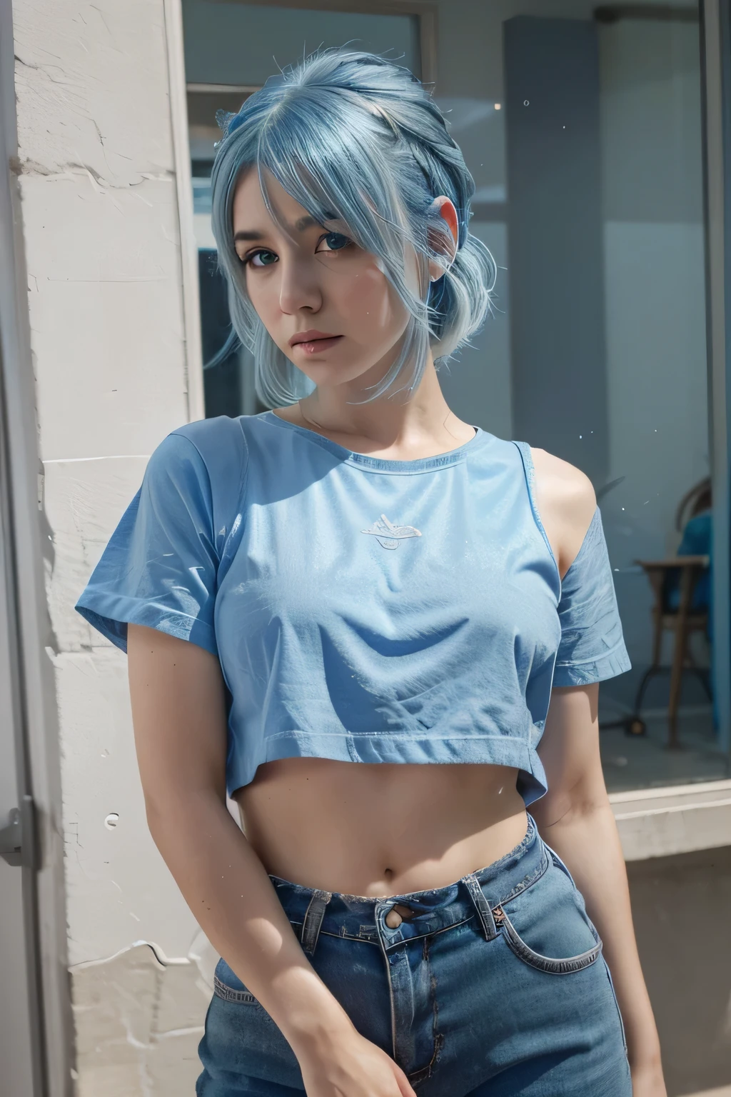 arafed woman with blue hair and a grey shirt posing for a picture, a colorized photo inspired by Elsa Bleda, tumblr, photorealism, pretty girl with blue hair, beautiful blue haired girl, beautiful woman with blue hair, short blue hair, blue hair, girl with blue hair, light blue hair, messy blue hair, blue hairstyle, with blue hair