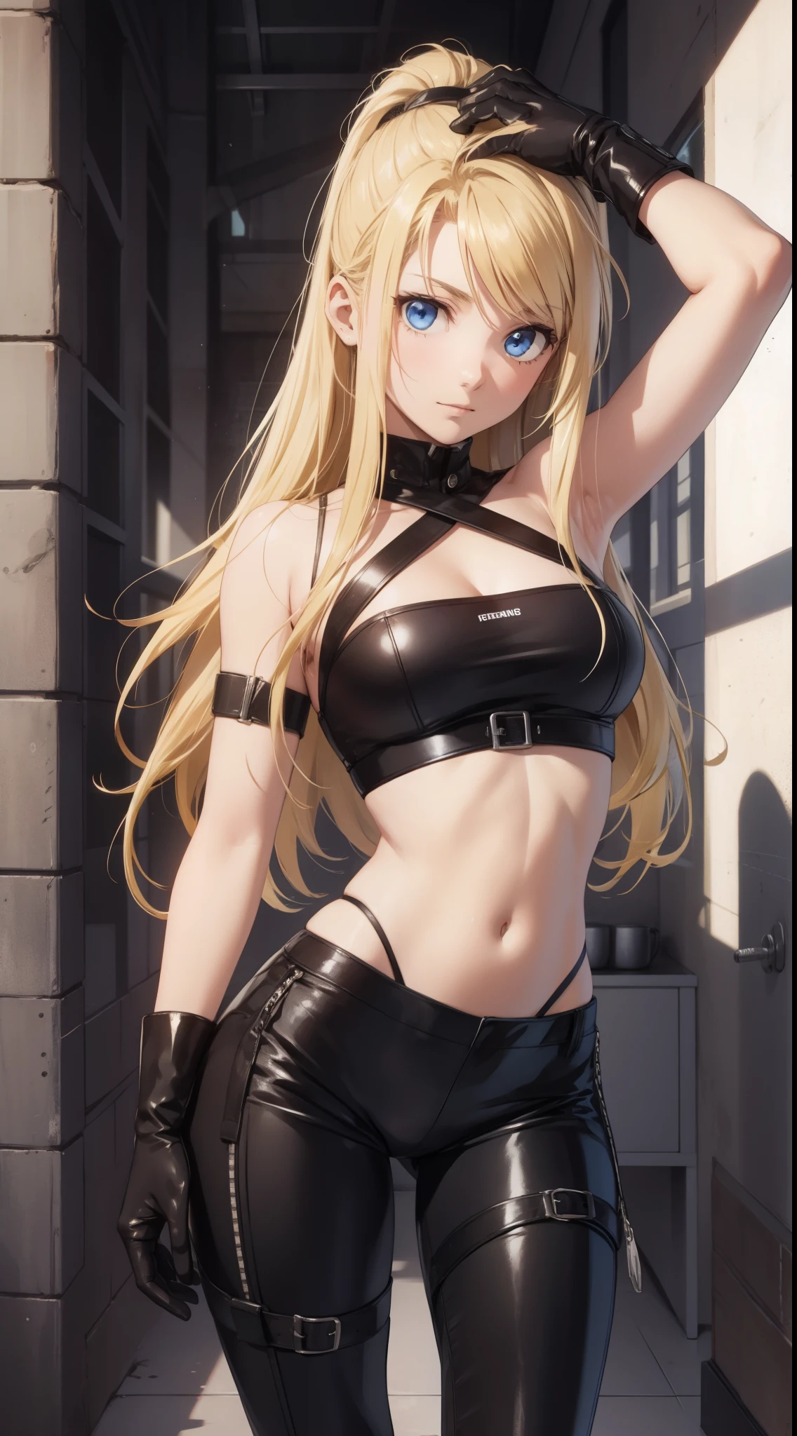 Winry Rockbell, winry rockbell, eBlue eyes, Blonde hair, BREAK BREAK BREAK gloves, navel, Chopping, of shoulders, 鎖骨, 耳Nipple Ring, diaphragm, trouser, stomach, of arms, No shoulder strap, hijabi sluty, Bando, Bandeau, Gray gloves, BREAK BREAK BREAK indoors, BREAK BREAK BREAK looking at viewer, BREAK BREAK BREAK (tmasterpiece:1.2), Best quality at best, A high resolution, Unity8k wallpapers, (illustratio:0.8), (美丽细致的眼睛:1.6), Extremely detailed face, perfect litthing, extremely detremely detailed CG, (Perfect hands, perfect anatomia),