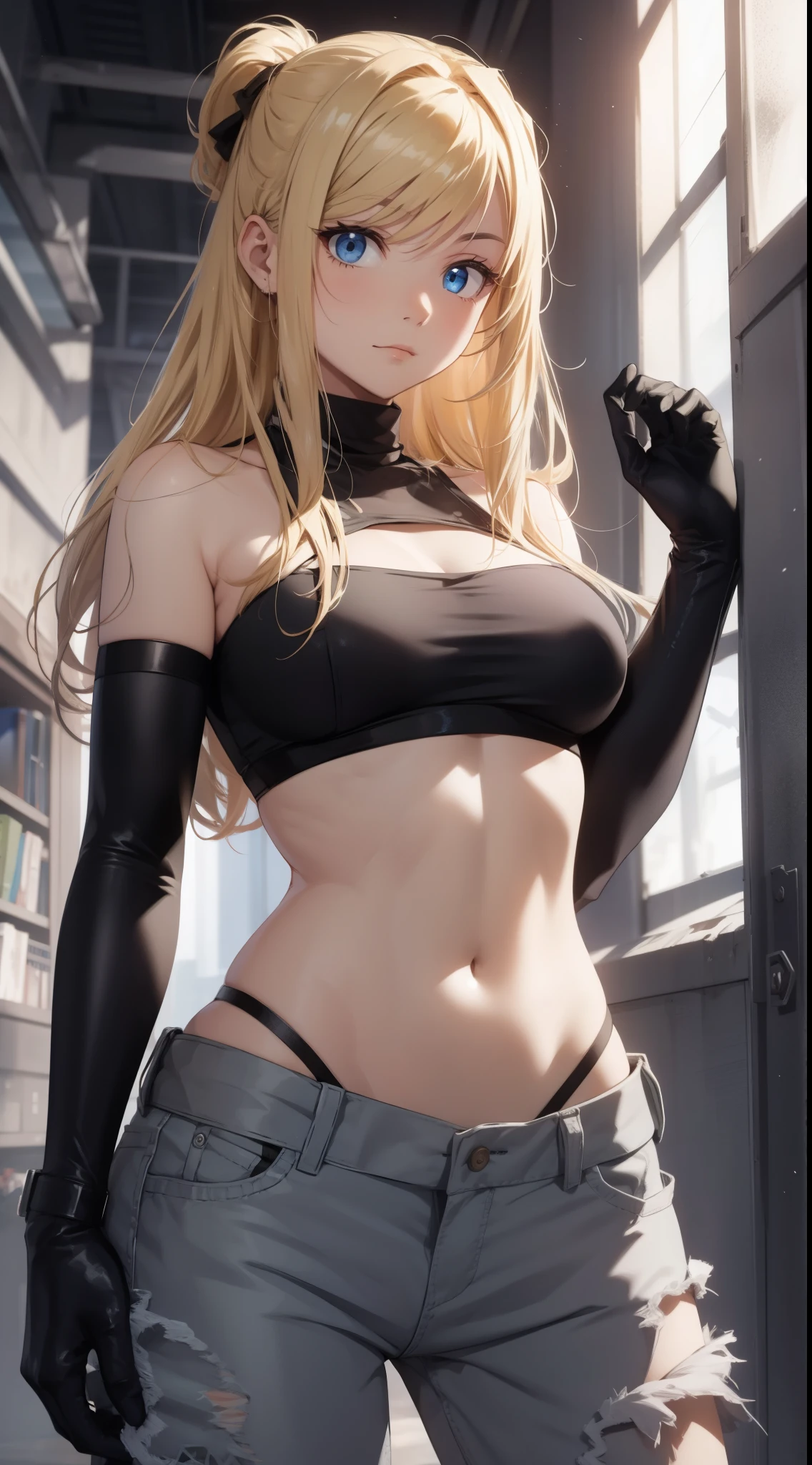 Winry Rockbell, winry rockbell, eBlue eyes, Blonde hair, BREAK BREAK BREAK gloves, navel, Chopping, of shoulders, 鎖骨, 耳Nipple Ring, diaphragm, trouser, stomach, of arms, No shoulder strap, hijabi sluty, Bando, Bandeau, Gray gloves, BREAK BREAK BREAK indoors, BREAK BREAK BREAK looking at viewer, BREAK BREAK BREAK (tmasterpiece:1.2), Best quality at best, A high resolution, Unity8k wallpapers, (illustratio:0.8), (美丽细致的眼睛:1.6), Extremely detailed face, perfect litthing, extremely detremely detailed CG, (Perfect hands, perfect anatomia),