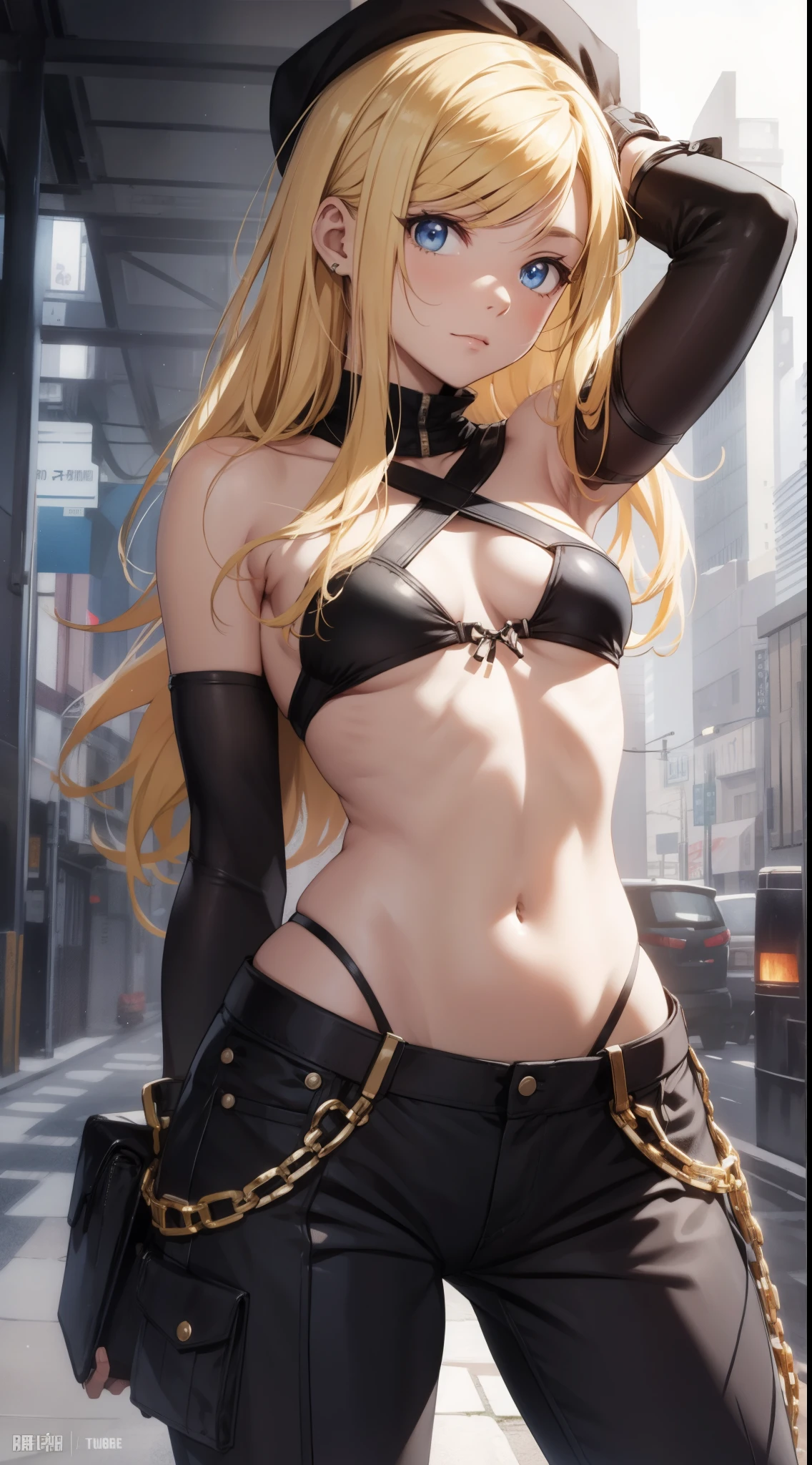 Winry Rockbell, winry rockbell, eBlue eyes, Blonde hair, BREAK BREAK BREAK gloves, navel, Chopping, of shoulders, 鎖骨, 耳Nipple Ring, diaphragm, trouser, stomach, of arms, No shoulder strap, hijabi sluty, Bando, Bandeau, Gray gloves, BREAK BREAK BREAK indoors, BREAK BREAK BREAK looking at viewer, BREAK BREAK BREAK (tmasterpiece:1.2), Best quality at best, A high resolution, Unity8k wallpapers, (illustratio:0.8), (美丽细致的眼睛:1.6), Extremely detailed face, perfect litthing, extremely detremely detailed CG, (Perfect hands, perfect anatomia),