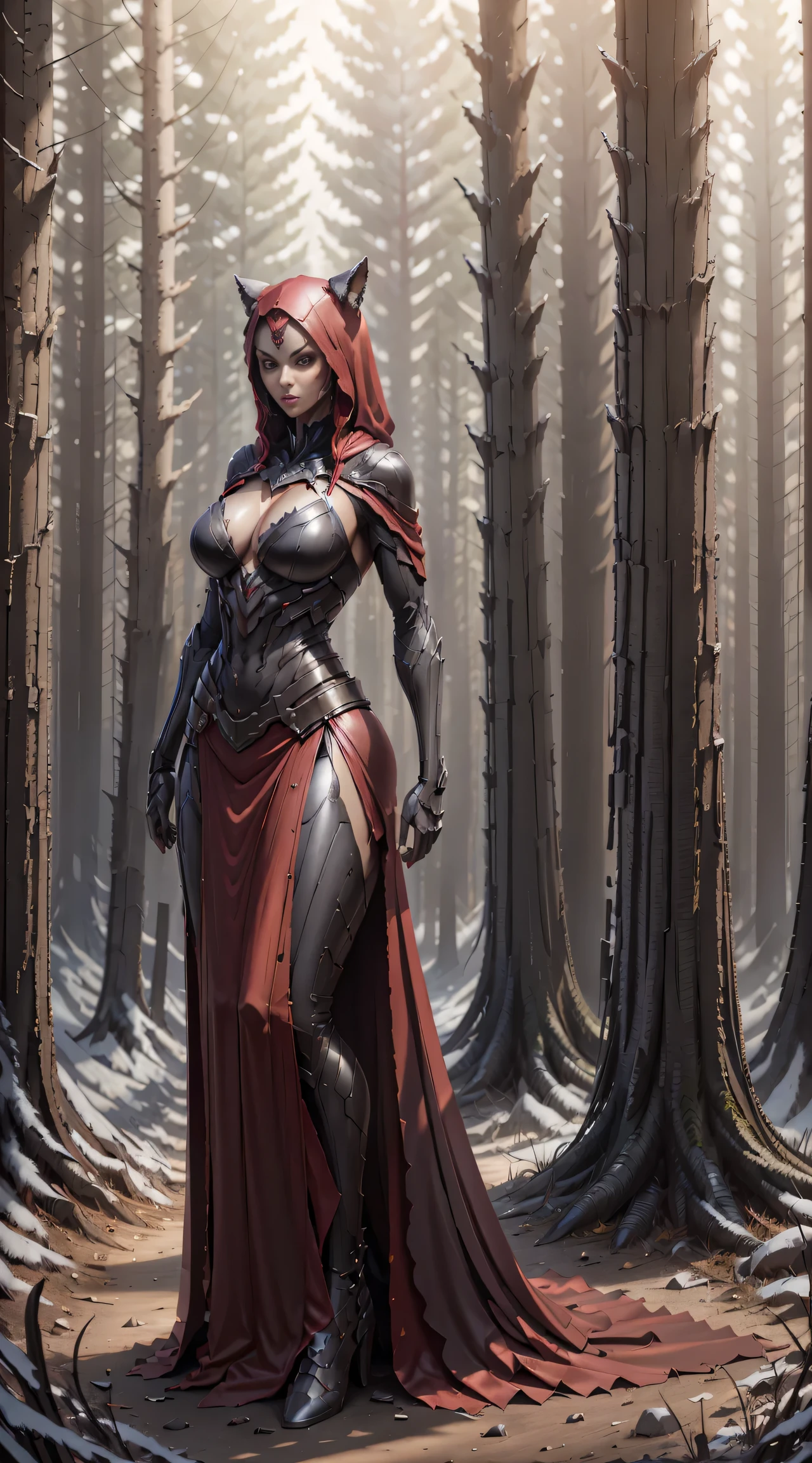 Red Riding Hood becoming the Big Bad Wolf, big breasts, frontal, full-length, looking at the camera, facing the audience, standing pose, forest background, three-dimensional light, detailed full-body concept, sleek digital concept art, beautiful full-body concept art, art trend, CGsociety full-length,