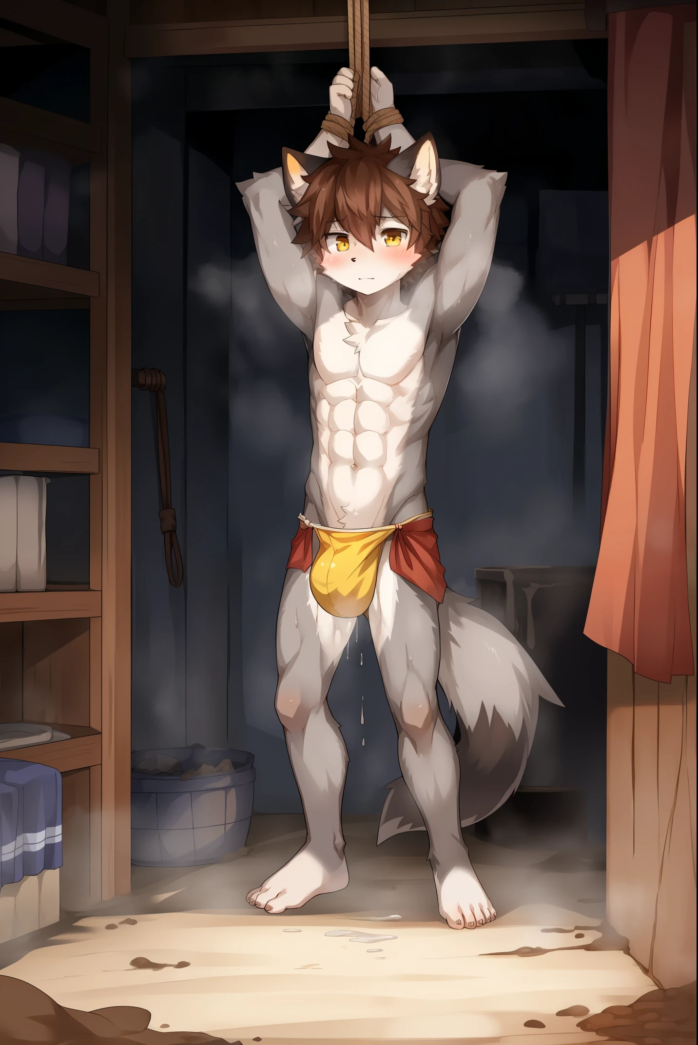 Alone, male people, red fox, grey fur, Gray body, yellow-eyed, 詳細な目, Detailed hands, Brown hair, Medium hair, messy hair, short, Slim, Weak, No sports, As thin as a whipping post,perspiring, steamy, Steaming, Abs,Wearing a tattered loincloth,Three-dimensional crotch,Large bulge at the crotch,ghetto boy,standing at,在贫民窟的heap里,heap,Dirty and messy environment, author:Flash Trap Boy