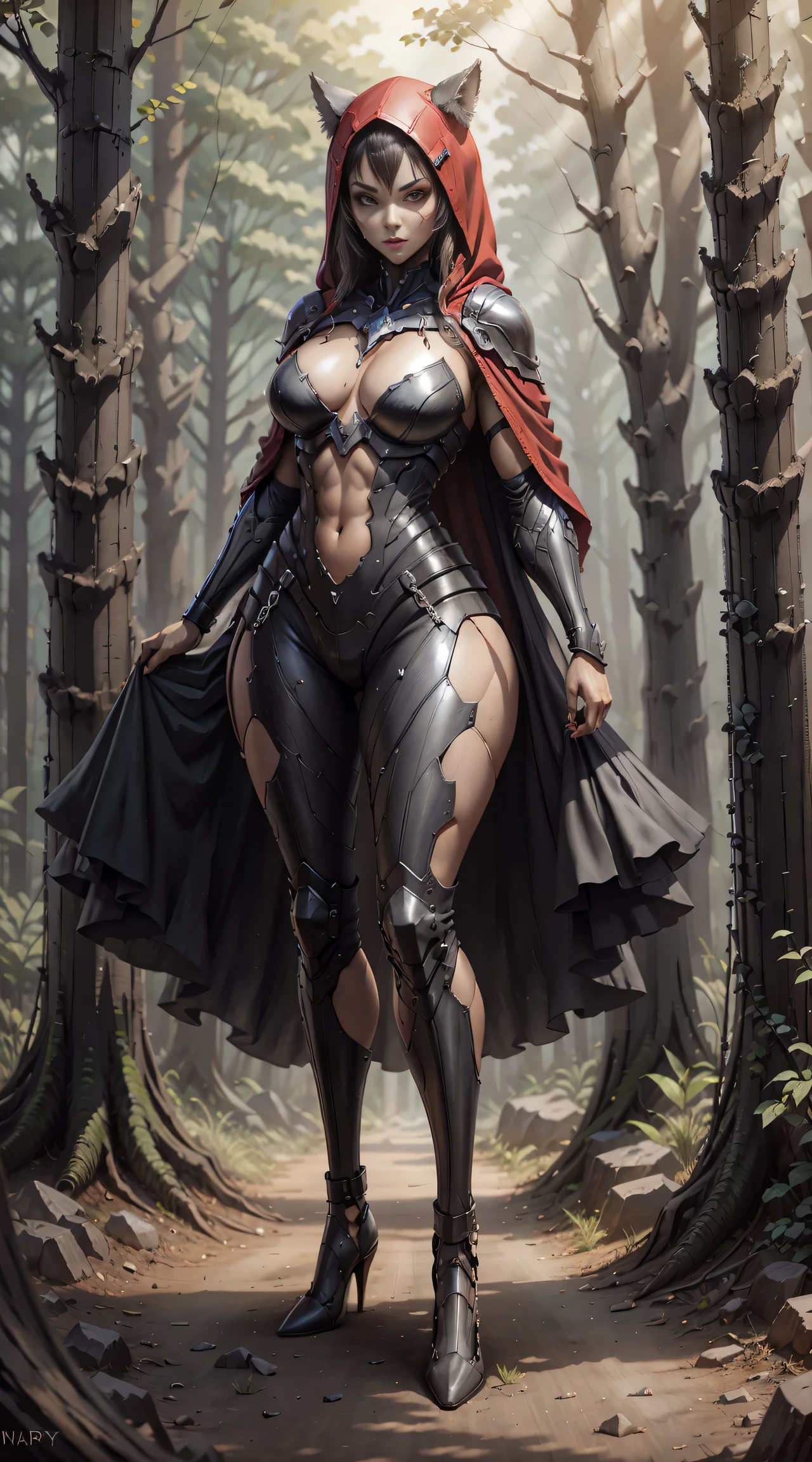 Red Riding Hood becoming the Big Bad Wolf, big breasts, frontal, full-length, looking at the camera, facing the audience, standing pose, forest background, three-dimensional light, detailed full-body concept, sleek digital concept art, beautiful full-body concept art, art trend, CGsociety full-length,