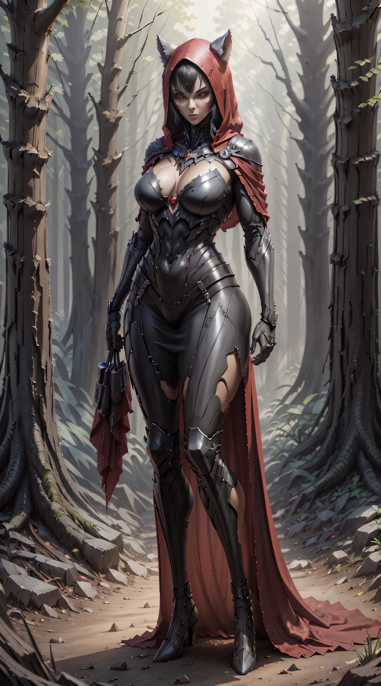 Red Riding Hood becoming the Big Bad Wolf, big breasts, frontal, full-length, looking at the camera, facing the audience, standing pose, forest background, three-dimensional light, detailed full-body concept, sleek digital concept art, beautiful full-body concept art, art trend, CGsociety full-length,