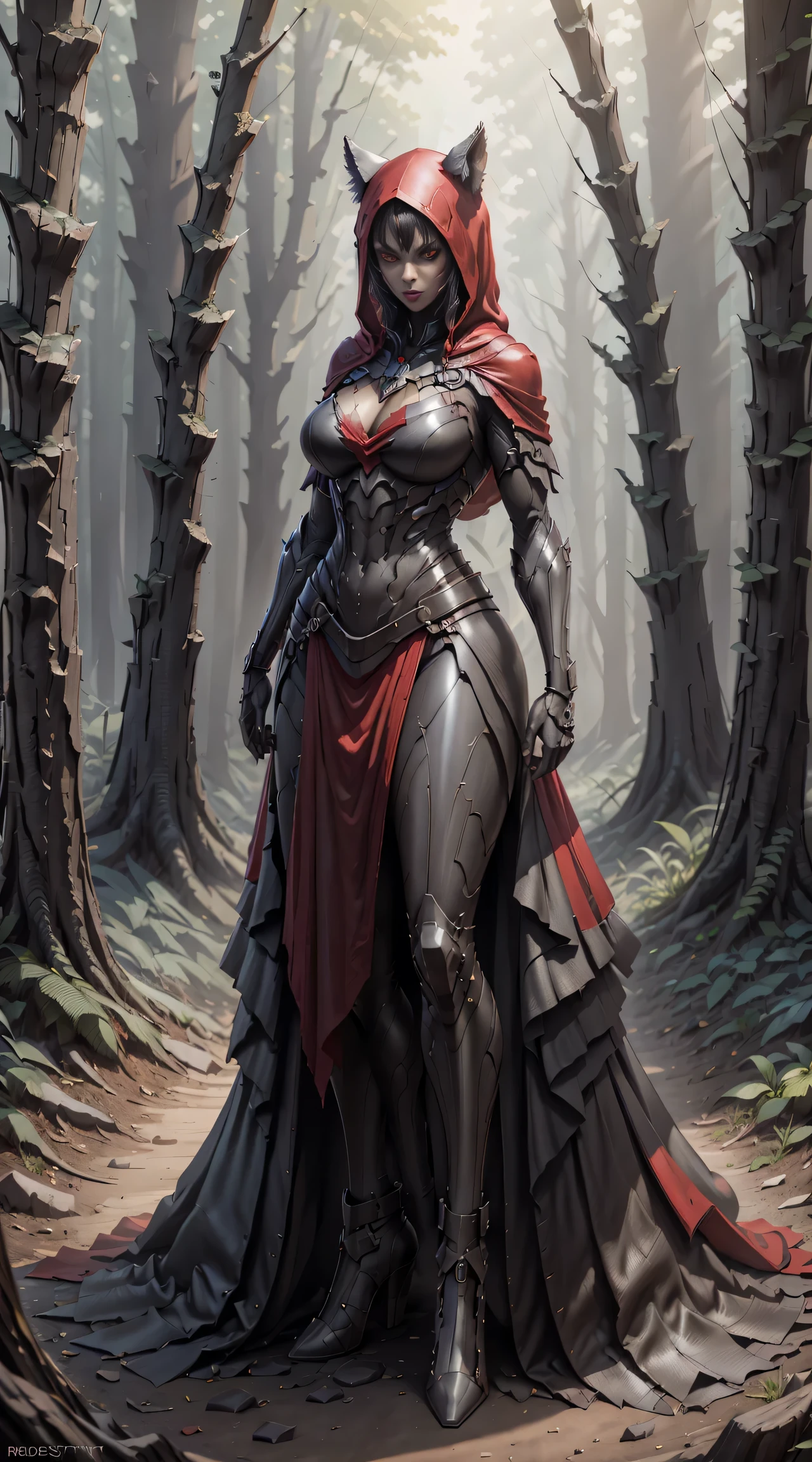 Red Riding Hood becoming the Big Bad Wolf, big breasts, frontal, full-length, looking at the camera, facing the audience, standing pose, forest background, three-dimensional light, detailed full-body concept, sleek digital concept art, beautiful full-body concept art, art trend, CGsociety full-length,