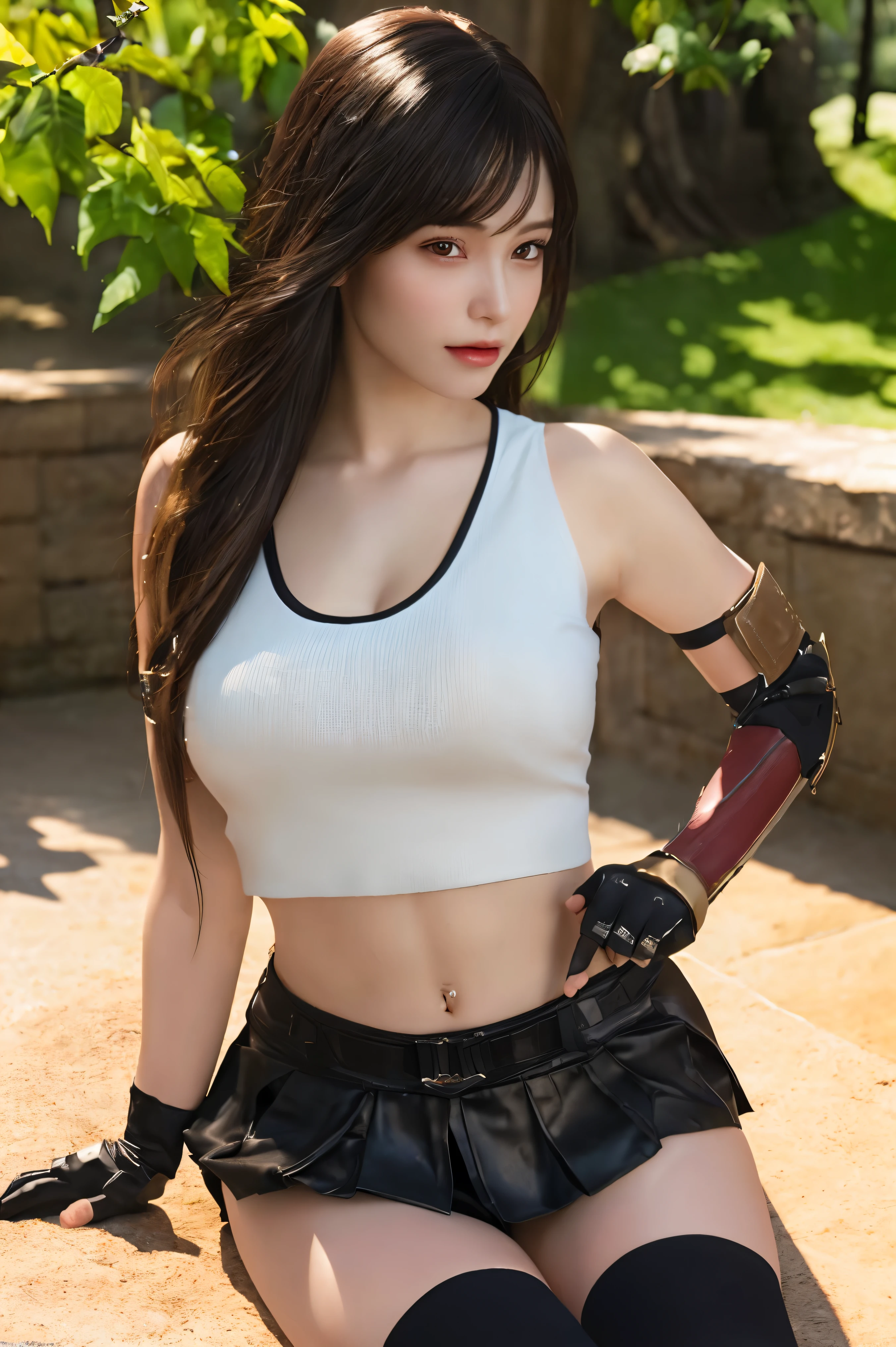 (photorealistic:1.4),best quality,realistic, masterpiece, an extremely delicate and beautiful, CG,extremely detailed ,highres, extremely detailed, 1girl, beautiful detailed girl,full body, realistic beautiful detailed eyes, light on face, cinematic lighting, crop top,tank top,skirt,black thighhighs,suspender skirt,
