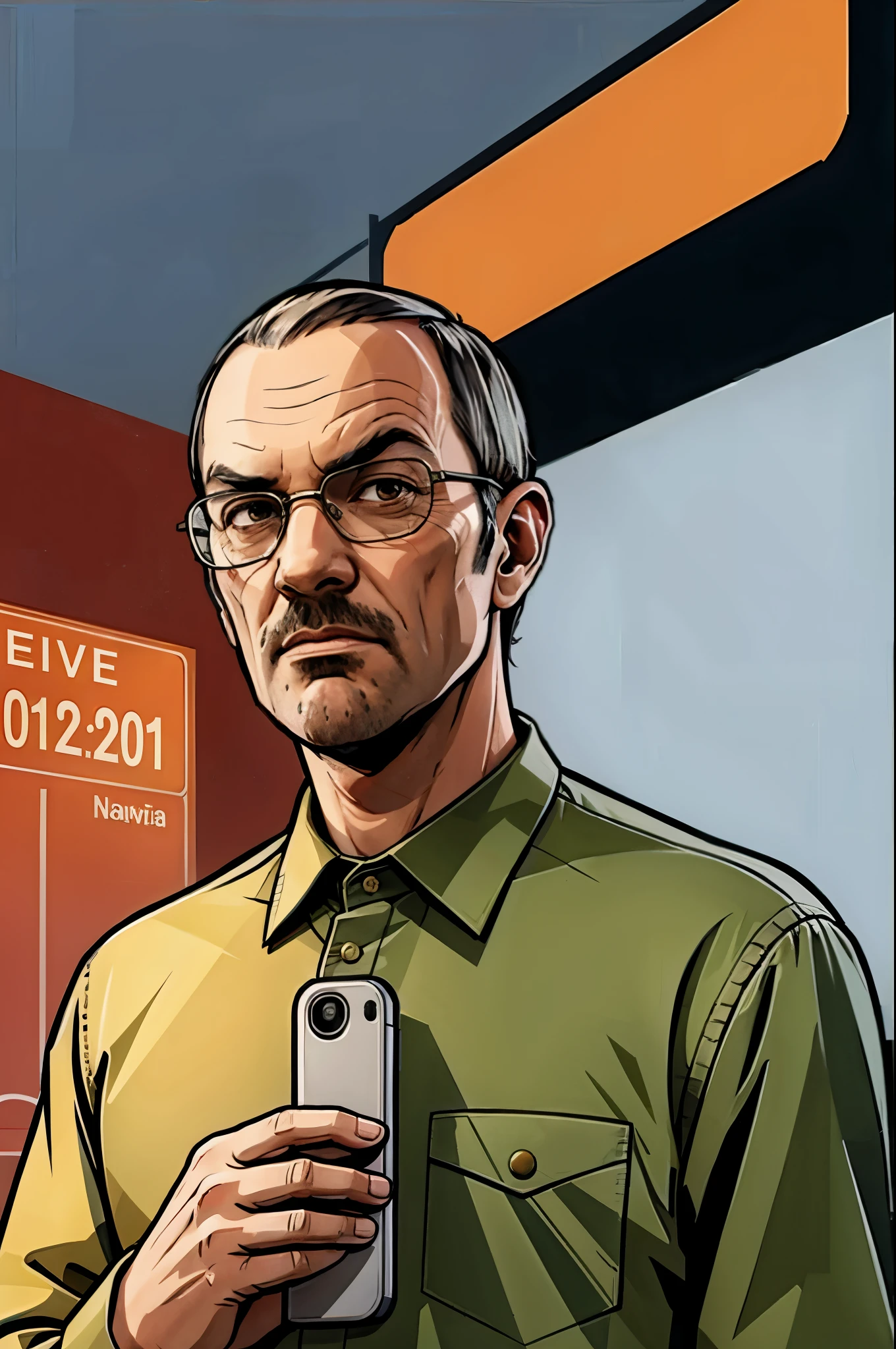 A 4k picture of a nerdy man holding a phone, he is a computer genius, anxious looking, hard color shading, warm tone, 2D gta artstyle, masterpiece, best quality