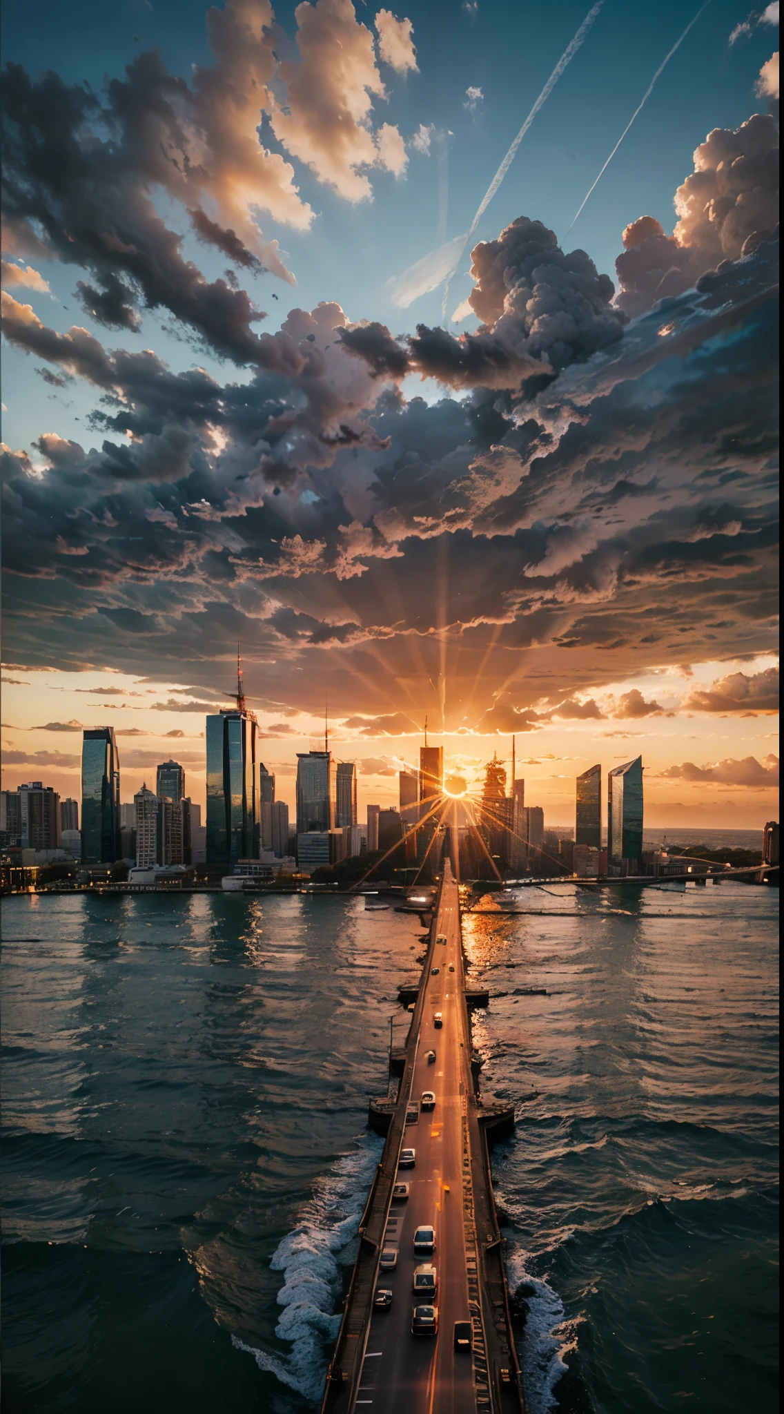 a beautiful cityscape over the water in front of a red and orange sunset.
v2.0