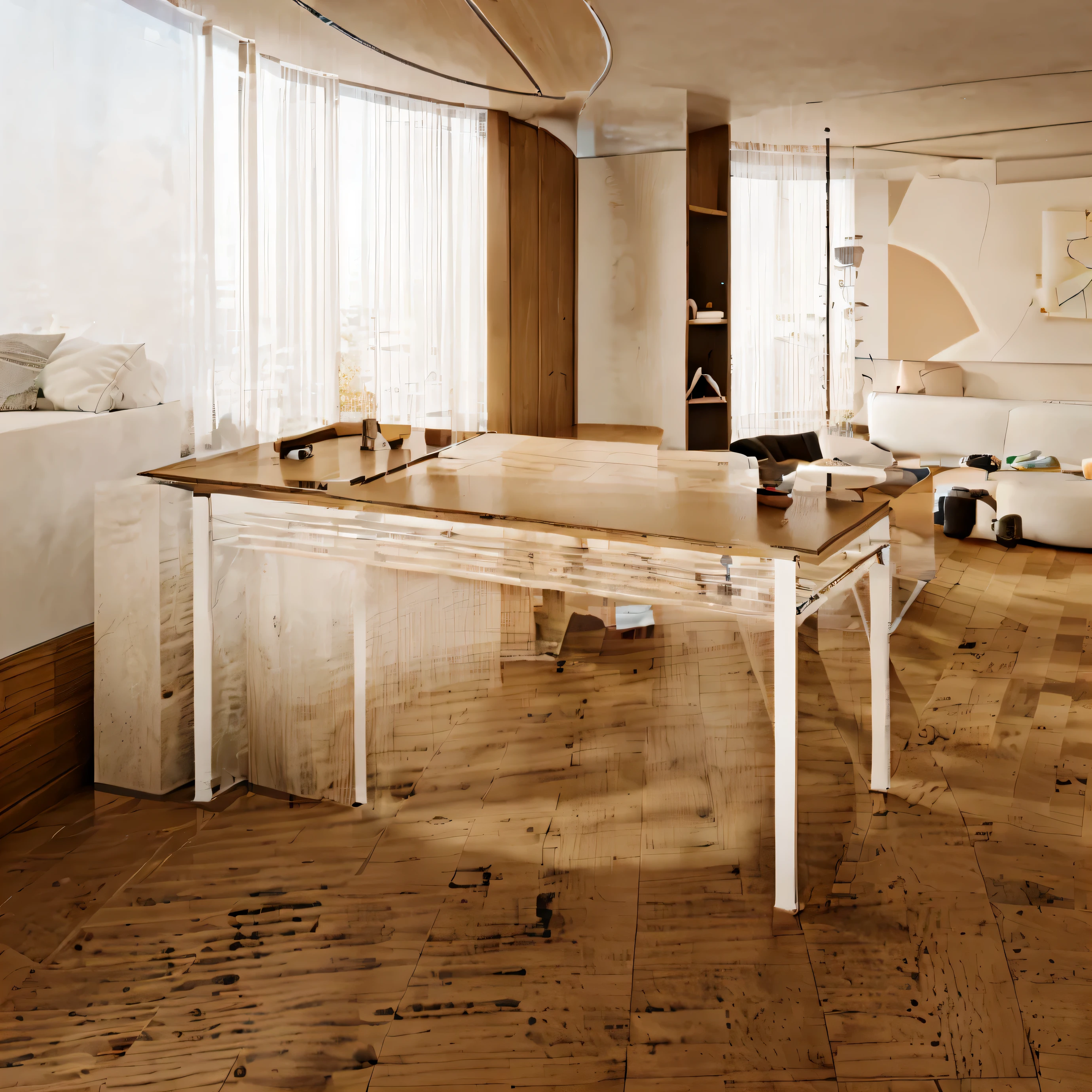 a desk,(Workbench length 1.5 meters,Width 0.6m,High 0.9m),The desktop is wood grain,The table legs are black iron frames,put it in the living room,The floor in the living room is wooden floor,Carpet on wooden floor,table on carpet,There is a chair on each side of the table,There is a large window on the left side of the living room,There are white curtains in front of the window,Light shines in through the windows,There is a cabinet on the right side of the living room,Only half of the cabinets on site were leaking,There are some books on the cabinet,A geometric mural hangs on the wall behind the living room,Overall bright but not dazzling Nordic style,Cream style,Realisticstyle,(8K),(High quality drawing),(80mm),(depth of fields),(Sense of space)
