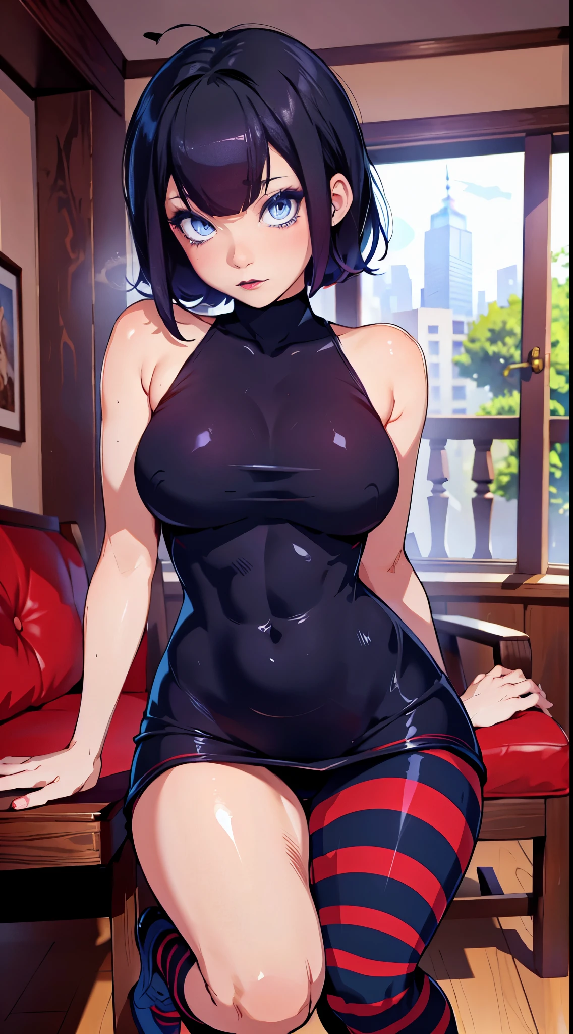 masutepiece, 超A high resolution, ultra-detailliert, Beautiful European girl, A dark-haired, Short bob cut, Amazing blue eyes, de pele branca, red-lips, red blush, Gentle look, Sorceress, Amazing face, amazing mavis dracula, 逼真, Black Dress,  Striped socks , Beautiful, the perfect body, striped thigh, bulma, (at your feet:1.2)