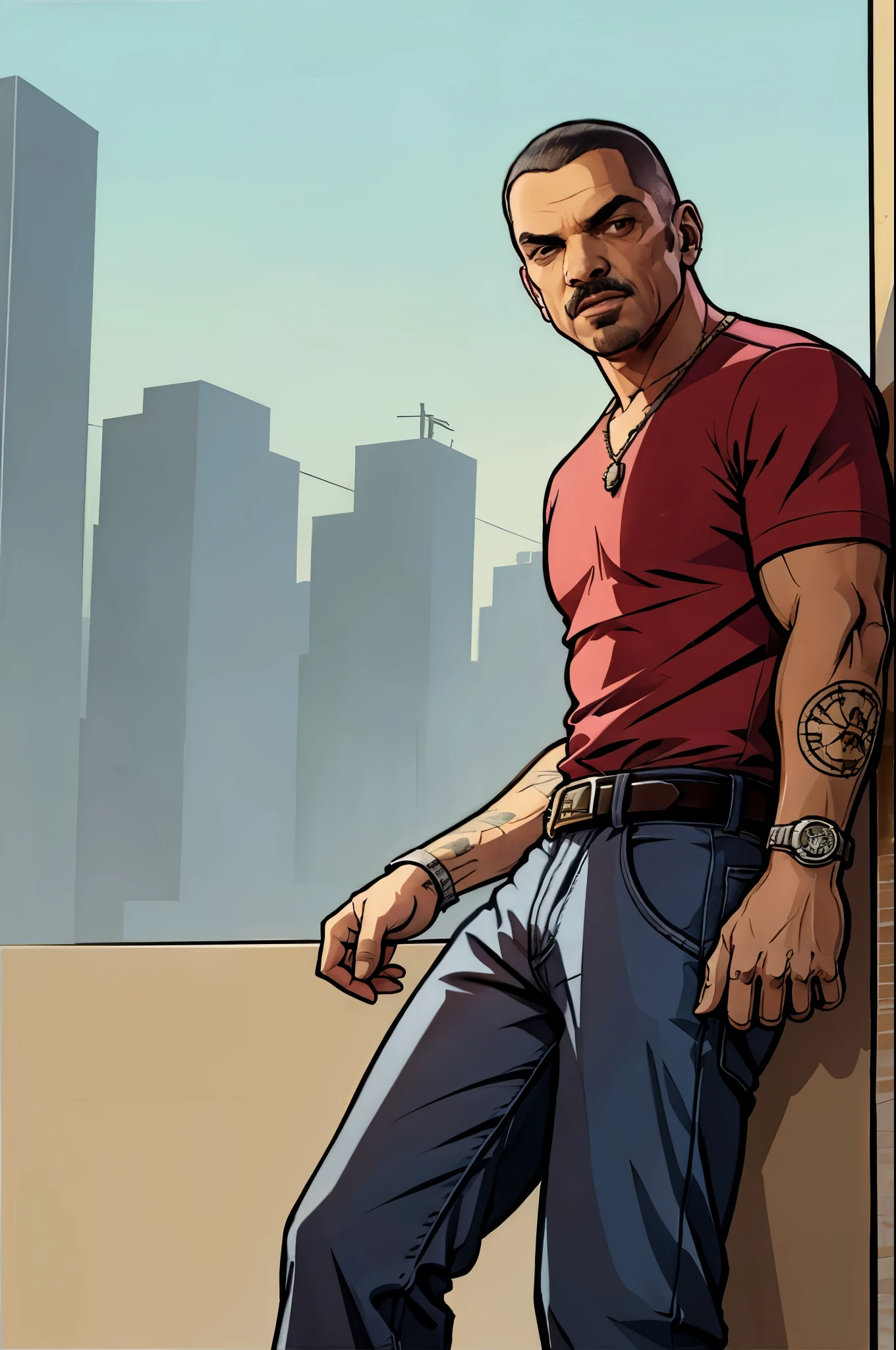 A 4k picture of a fit hispanic man on a balcony, hard color shading, warm tone, 2D gta artstyle, masterpiece, best quality