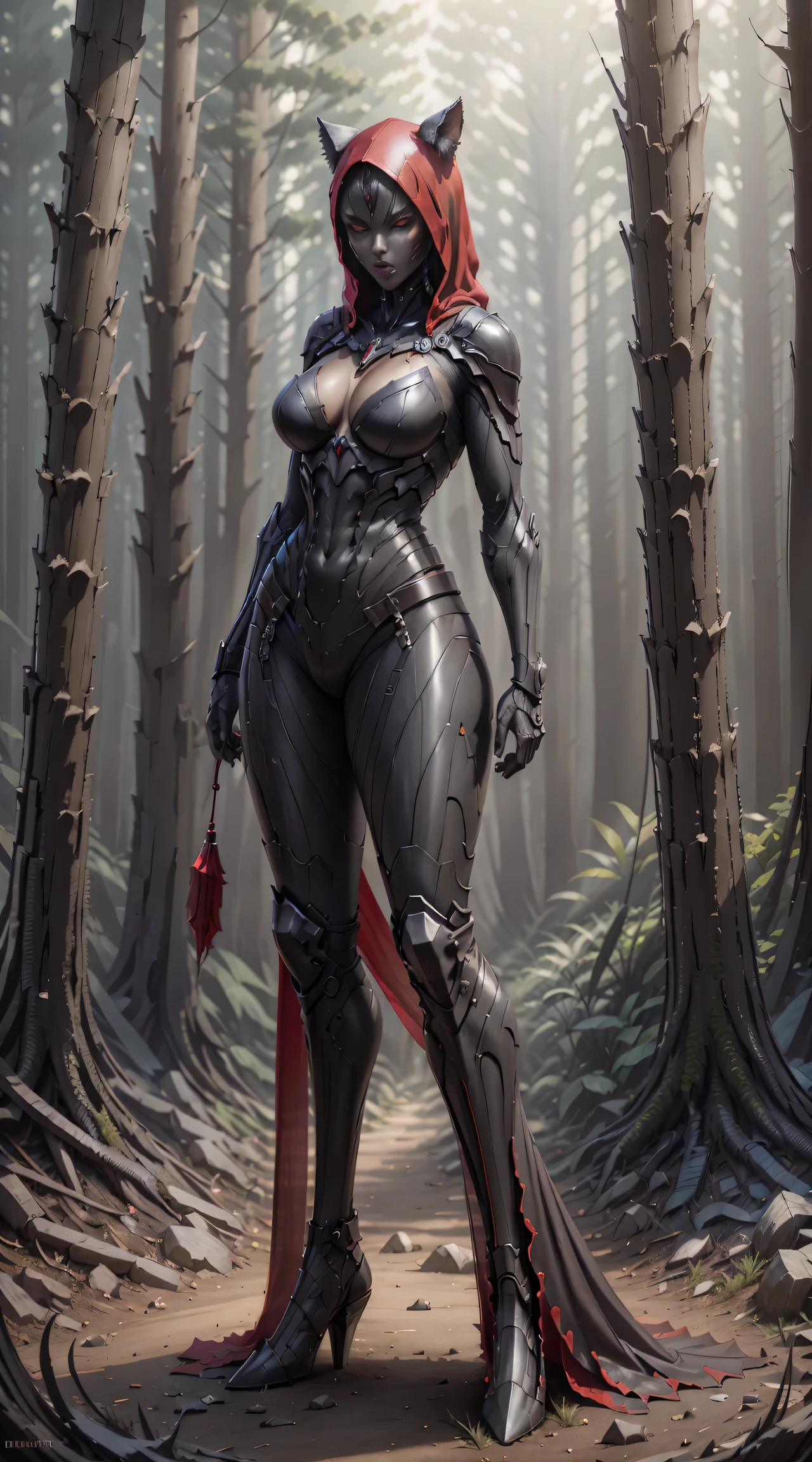 Red Riding Hood becoming the Big Bad Wolf, big breasts, frontal, full-length, looking at the camera, facing the audience, standing pose, forest background, three-dimensional light, detailed full-body concept, sleek digital concept art, beautiful full-body concept art, art trend, CGsociety full-length,
