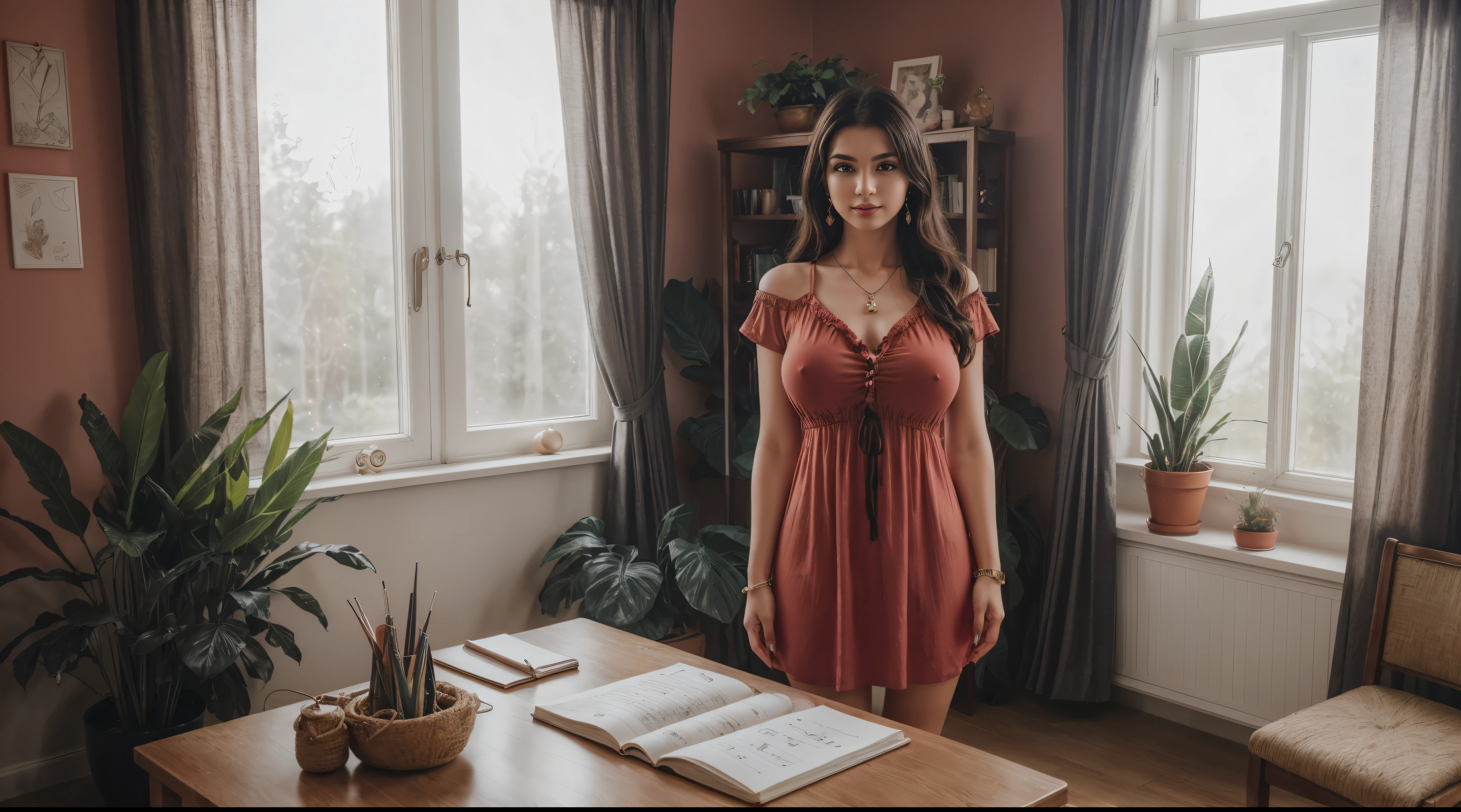8k, masterpiece, RAW photo, best quality, photorealistic, extremely detailed CG unity 8k wallpaper, Depth of field, Cinematic Light, Lens Flare, Ray tracing, (extremely beautiful face, beautiful lips, beautiful eyes), intricate detail face, ((ultra detailed skin)) 1girl, 17years old, studying in her aesthetic room, deep shadow, [Raiana-Elizabeth-Dilla], pretty girl, (very slim slender fit-muscled body:1.3), ((looking at viewer)),(big smile:1), (sexy ((ultra-short ((red:1.3)) bohemian-style mini-shirt-dress, traditional fashion),(without people in the background:1.3), girl studying in her aesthetic room, cozy atmosphere, natural lighting, vintage furniture, inspiring quotes on the walls, plants and flowers on the windowsill, warm color palette, soft and comfortable seating area, beautiful artwork on the walls, dainty desk accessories, organized bookshelves, a cup of coffee on the table, dreamy curtains, fairy lights, motivational books and stationery, a cozy blanket, a laptop and notebooks on the desk, a peaceful and calm ambiance, serene music playing in the background. beautiful earrings, bracelets, necklace, clear eyes, (pale skin), (big eyeace forward, ((full body cinematic shot)), (black hairs), (looking at viewer:1.3) open breast, very slim, large breasts, touching the breast, highly detailed, ultra realistic,