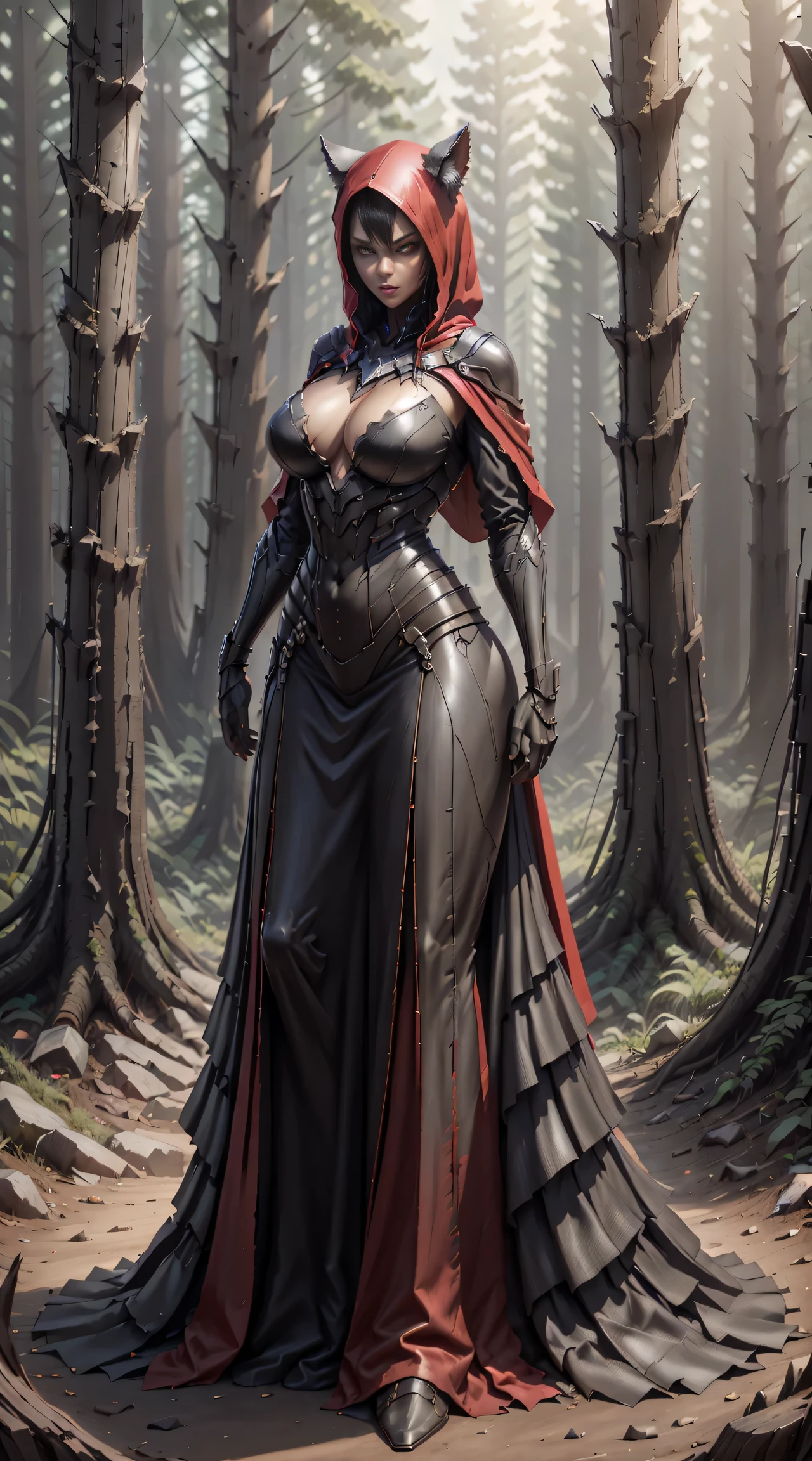 Red Riding Hood becoming the Big Bad Wolf, big breasts, frontal, full-length, looking at the camera, facing the audience, standing pose, forest background, three-dimensional light, detailed full-body concept, sleek digital concept art, beautiful full-body concept art, art trend, CGsociety full-length, huge breasts, tall, wide hips