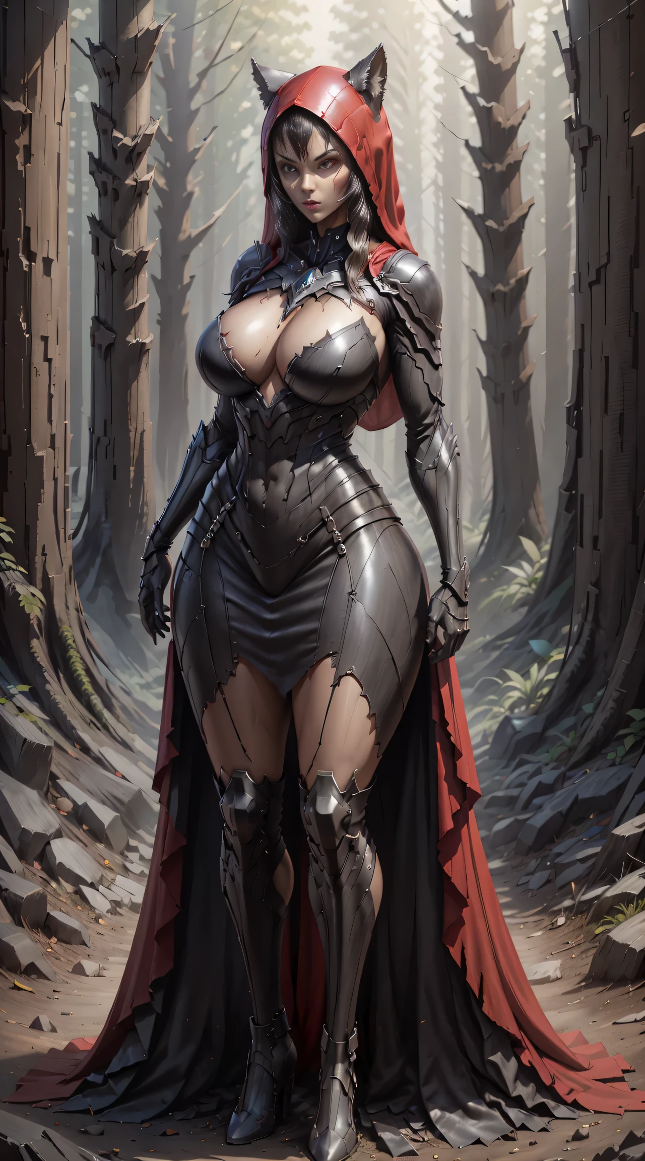 Red Riding Hood becoming the Big Bad Wolf, big breasts, frontal, full-length, looking at the camera, facing the audience, standing pose, forest background, three-dimensional light, detailed full-body concept, sleek digital concept art, beautiful full-body concept art, art trend, CGsociety full-length, huge breasts, tall, wide hips