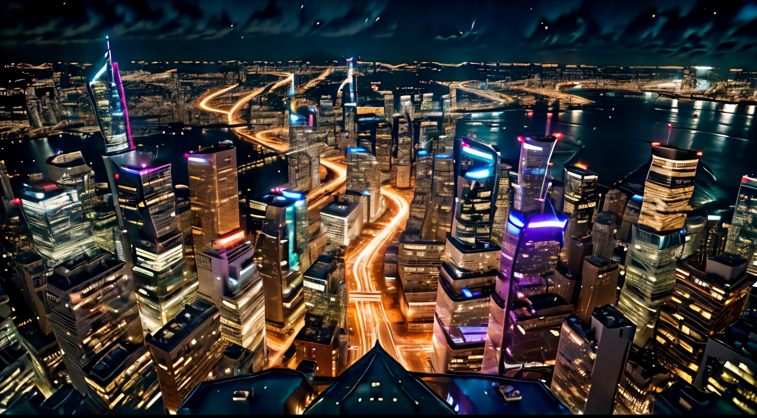 City view at night from the top of a skyscraper,