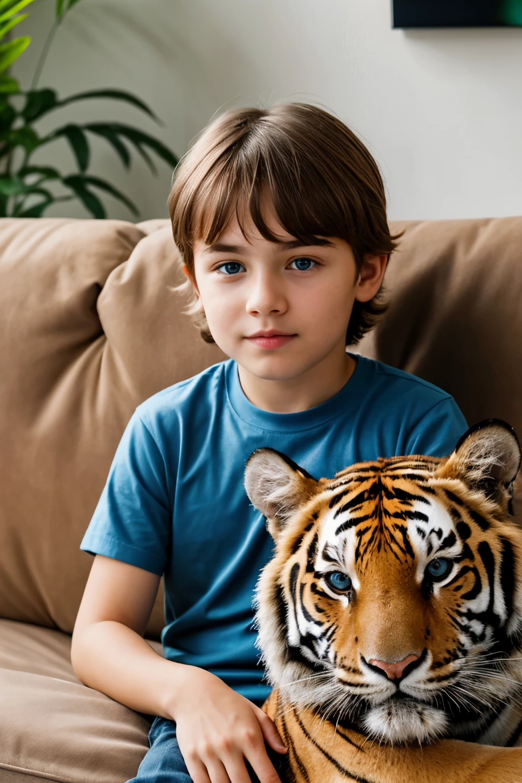 hyper ultra realistic photographs of a ((best quality)), ((masterpiece)), (detailed), perfect face, ultra realistic, hyper ultra realistic photographs of a Ta-Ra is an 8-year-old boy. Ta-Ra is on a couch holding a toy. The couch is checkered. There are 2 tigers on the couch. One tiger is black and asleep. Another tiger is a tabby with blue eyes. ratio 16:9, 4k, 8k resolution, High quality photo, high detailed images, high definition, 3d, Esthetic. ratio 16:9, 4k, 8k resolution, High quality photo, high detailed images