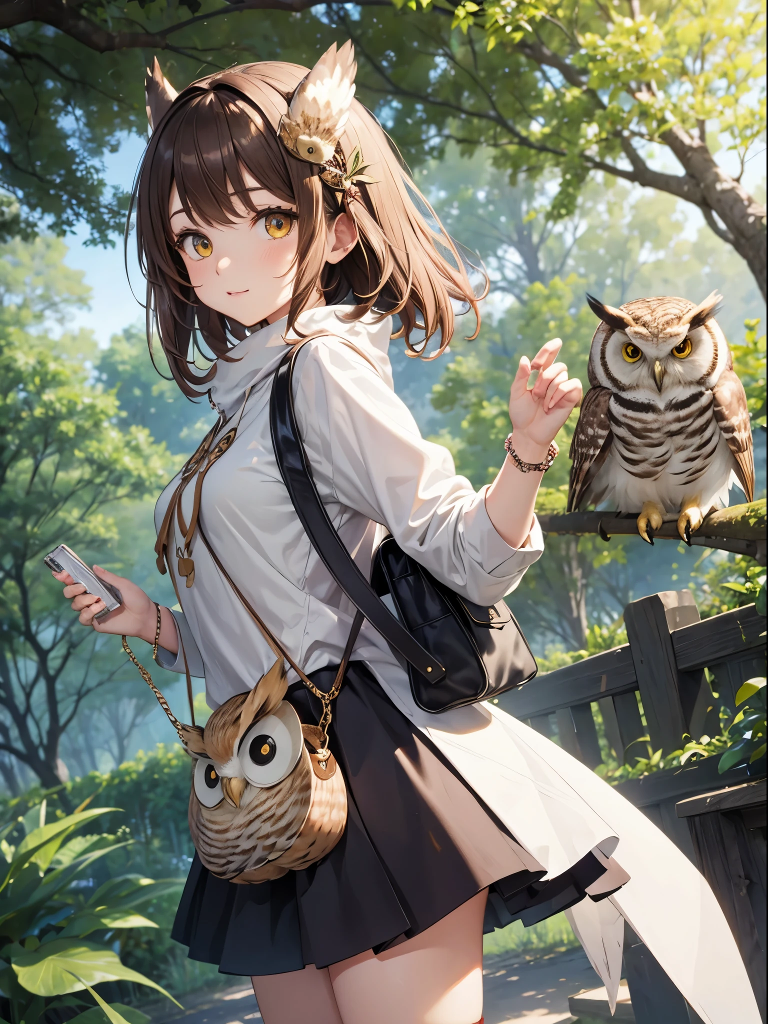 Owl as an anime girl, Owl costume, Owl, trees,hand bag, owl bag