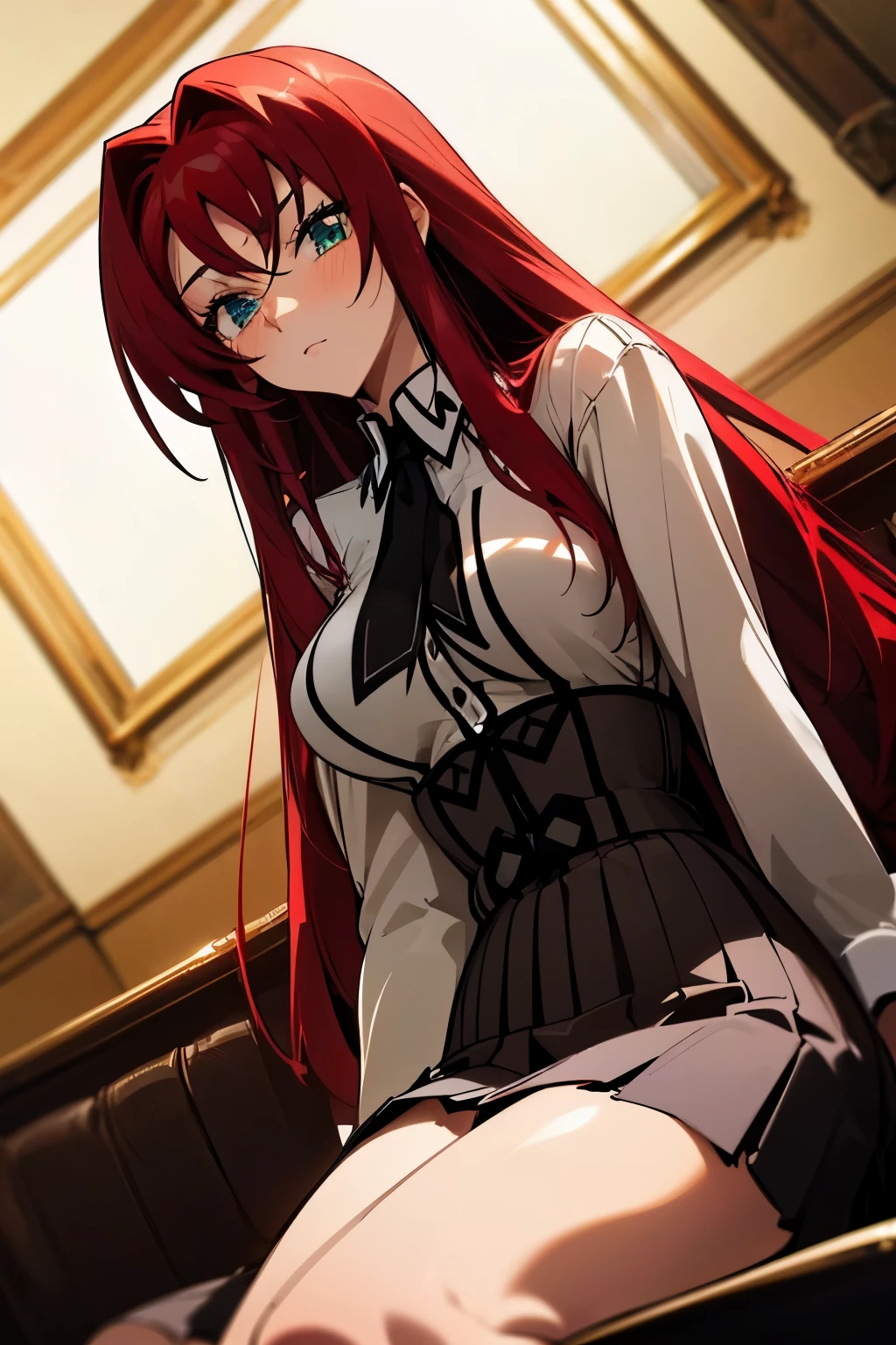 (Masterpiece:1.2, high quality:1.2), (solo:1.2), (1girl:1.2), (pixiv:1.4), (Rias gremory), indifferent, (stare:0.8), crimson red hair, wavy long hair, sharp bangs, crystal green eyes, (detailed eyes), double eyelids, black eyeshadow, long eyelashes, pale pink lips, symmetric face, (detailed face), neckline, collarbone, (beautiful round breats:1.3), school uniform, unbuttoned shirt, pleated skirt, pantyhose, (pov from below), front view, stockings, thighs, sitting on couch, dynamic lighting, classic wooden wall, (detailed face), ultra-detailed, intrinsic details, vivid colors, aesthetic indoors, castle, HD, 4k, (highres:1.5), professional photography, blurry background, sharp focus, ((detailed face)), highly focused face