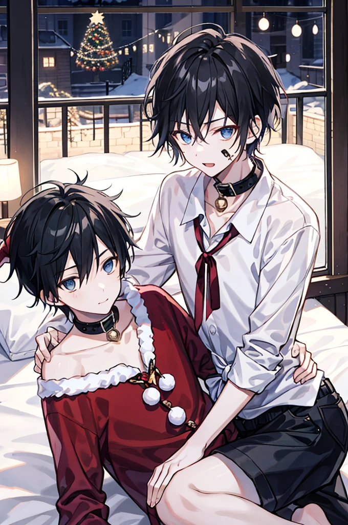 1boys, Man,Male pervert, Short hair, Black hair,Collar,Facial, leg loops,Soft bed,Bedroom,christmas，giftow knot，Highest image quality，超高分辨率，tmasterpiece，