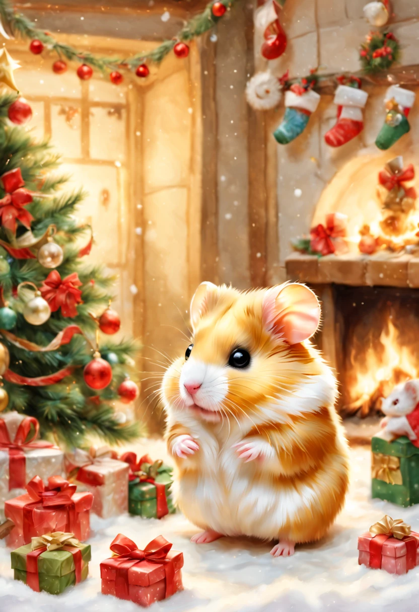 (Christmasパーティ会場:Christmas Decorations),inside in room,Christmas tree,ceiling decoration:Christmas,candy:Christmas,(hamster christmas party),ダンシングhamster:party attire:dance:pulling the hands up:Opening Mouth:Chibi:cute little:A delightful:Joy,hamster達,​masterpiece,top-quality,Fluffy hamsters,Christmas,A delightful,tre anatomically correct,The cutest hamster,colourfull,hamster,bow ribbon,,fireplace,Fantasia,randolph caldecott style,illustratio,watercolor paiting,今日はA delightfulChristmasパーティです。