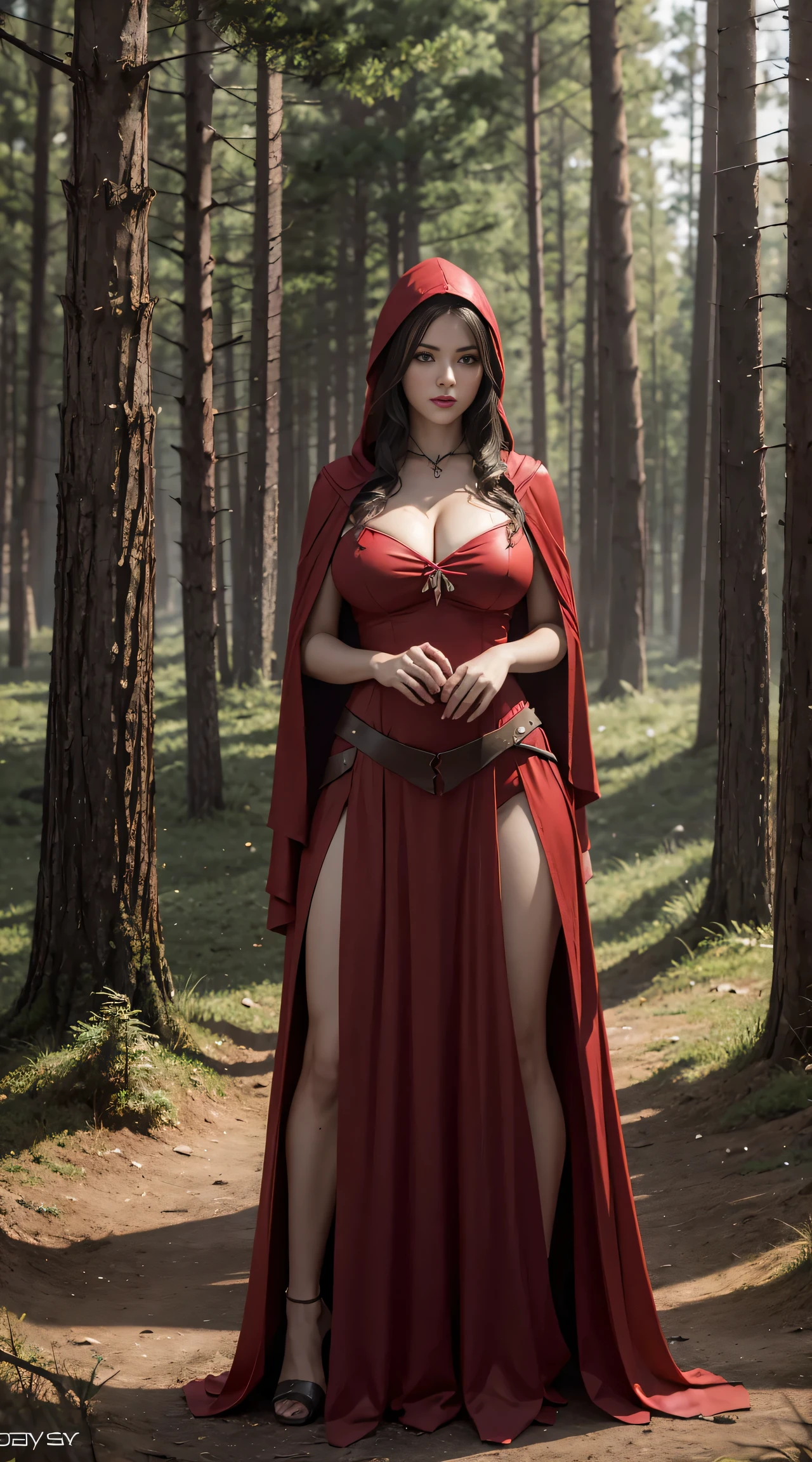 Red Riding Hood becoming the Big Bad Wolf, big breasts, frontal, full-length, looking at the camera, facing the audience, standing pose, forest background, three-dimensional light, detailed full-body concept, sleek digital concept art, beautiful full-body concept art, art trend, CGsociety full-length, huge breasts, tall, wide hips, huge bursting breasts