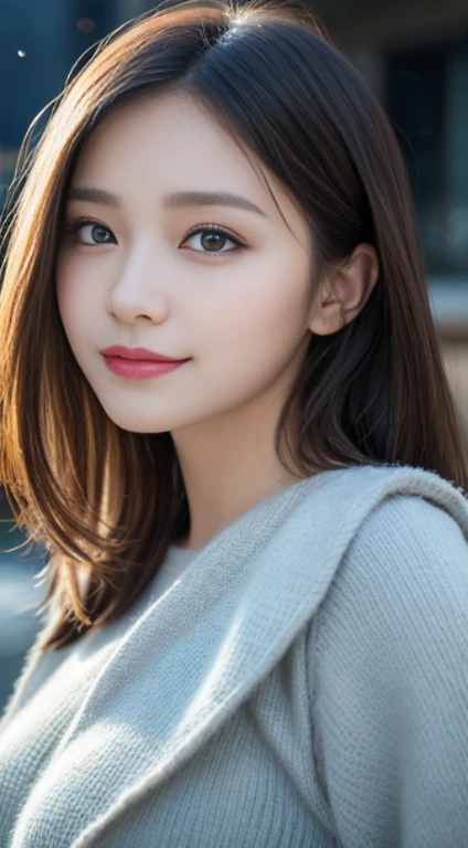 masutepiece, Best Quality, Illustration, Ultra-detailed, finely detail, hight resolution, 8K Wallpaper, Perfect dynamic composition, Beautiful detailed eyes, Winter dress,Medium Hair, Small breasts, Natural Color Lip, Random and sexy poses,Smile,Big city、21 year old girl、Midnight、beautifull detailed face、Perfect and beautiful face,Big eyes