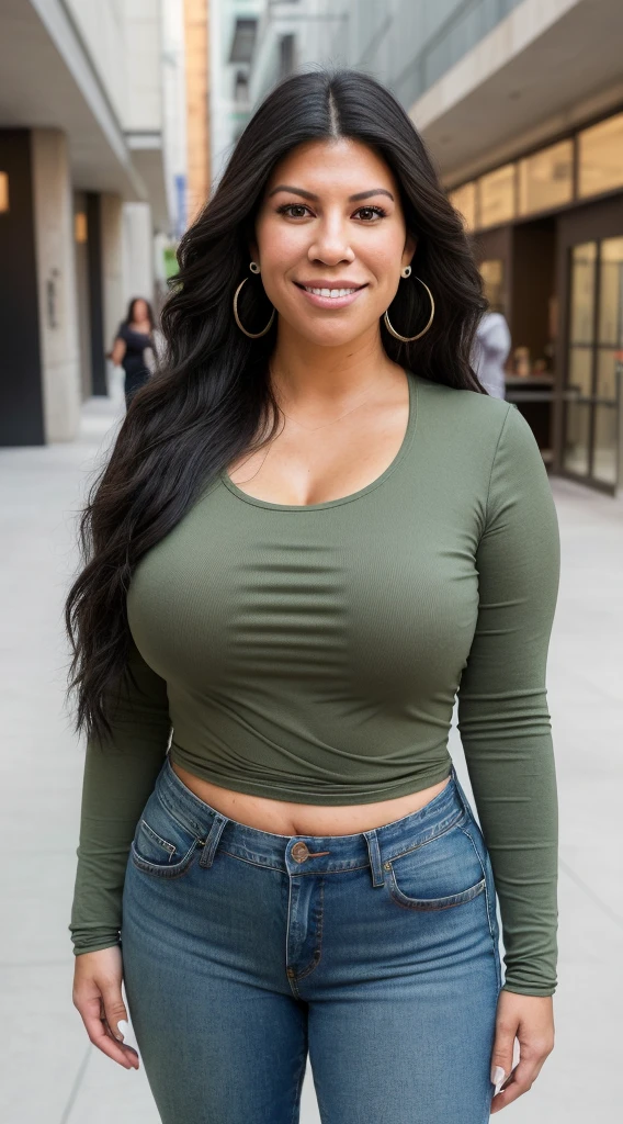 smiling woman with long black hair and earrings in front of a building, this person does not exist, latina, with no facial features, mixed-race woman, 30 year old woman, short round wide chubby body, very busty, thicc, no makeup, plain featurea, fat, overweight, chubby face, double chin, wearing a green long sleeve shirt and jeans, wide hips, thick thighs, short stubby arms, short legs, alanis guillen-laura barriales-liana-kourtney kardashian-stephanie beatriz-lindsey shaw-luciana carro-janina gavankar-jami gertz-daniella alonso-shannon elizabeth-genevieve padalecki-kay cannon-melissa rycroft-cacee cobb merged, entire body visible, full body, hyperrealistic, best quality, 8K, real human skin, masterpiece, extremely intricate, detailed eyes, detailed face, detailed body, exaggerated features, pronounced features, fujifilm