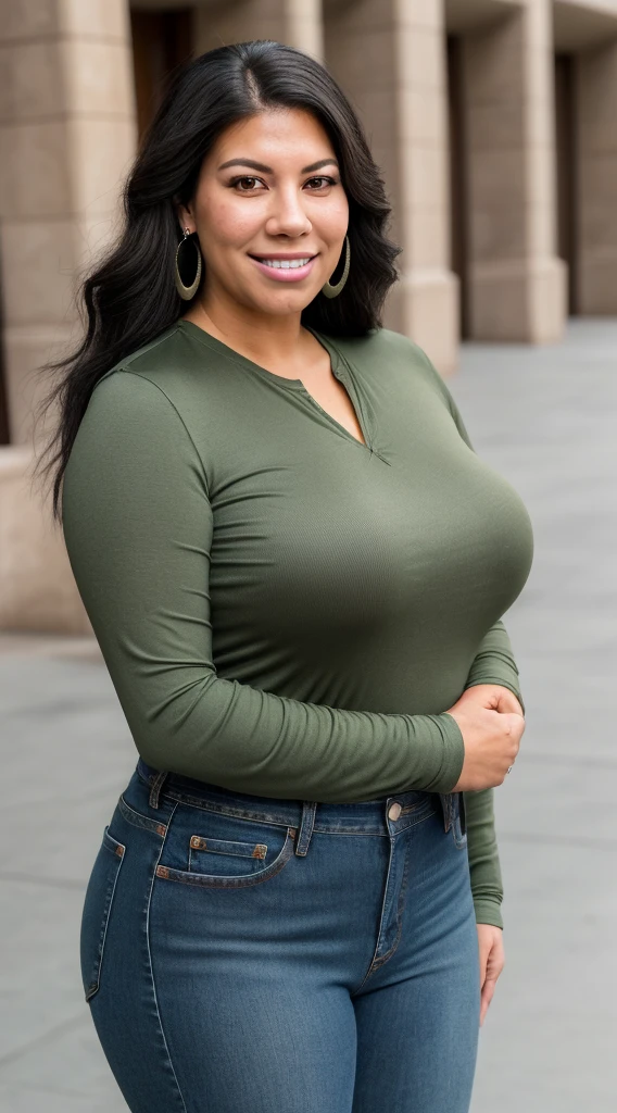 smiling woman with long black hair and earrings in front of a building, this person does not exist, latina, with no facial features, mixed-race woman, 30 year old woman, short round wide chubby body, very busty, thicc, no makeup, plain featurea, fat, overweight, chubby face, double chin, wearing a green long sleeve shirt and jeans, wide hips, thick thighs, short stubby arms, short legs, alanis guillen-laura barriales-liana-kourtney kardashian-stephanie beatriz-lindsey shaw-luciana carro-janina gavankar-jami gertz-daniella alonso-shannon elizabeth-genevieve padalecki-kay cannon-melissa rycroft-cacee cobb merged, entire body visible, full body, hyperrealistic, best quality, 8K, real human skin, masterpiece, extremely intricate, detailed eyes, detailed face, detailed body, exaggerated features, pronounced features, fujifilm
