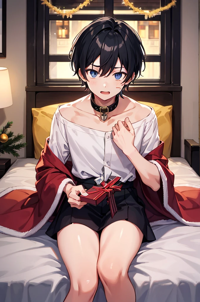 1boys, Man,Male pervert, Short hair, Black hair,Collar,Facial, leg loops,Soft bed,Bedroom,christmas，giftow knot，Highest image quality，超高分辨率，tmasterpiece，