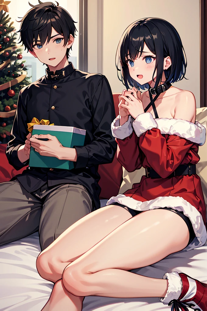 1boys, Man,Male pervert, Short hair, Black hair,Collar,Facial, leg loops,Soft bed,Bedroom,christmas，giftow knot，Highest image quality，超高分辨率，tmasterpiece，