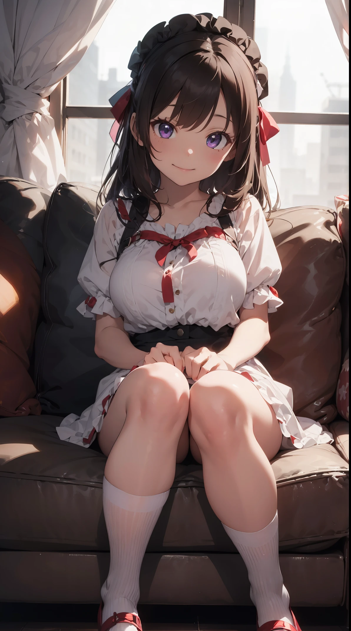 Masterpiece, photorealistic, highest quality, highest detail, cowboy shots, in-depth anime style, exaggerating the differences in materials and textures,
Girl: A cute girl with brown hair, purple eyes, and tall, big eyes. She is 5 . Her outfit is a cute dress with frills and socks. She wears a huge red ribbon on her head. The girl is leaning like a doll on the big sofa, she is fast asleep. Her face is peaceful, smiling and very pretty.