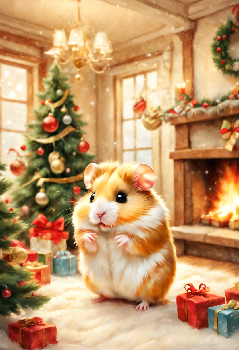(Christmasパーティ会場:Christmas Decorations),inside in room,Christmas tree,ceiling decoration:Christmas,candy:Christmas,(hamster christmas party),ダンシングhamster:party attire:dance:pulling the hands up:Opening Mouth:Chibi:cute little:A delightful:Joy,hamster達,masterpiece,top-quality,Fluffy hamsters,Christmas,A delightful,tre anatomically correct,The cutest hamster,colourfull,hamster,bow ribbon,,fireplace,Fantasia,randolph caldecott style,illustratio,watercolor paiting,今日はA delightfulChristmasパーティです。