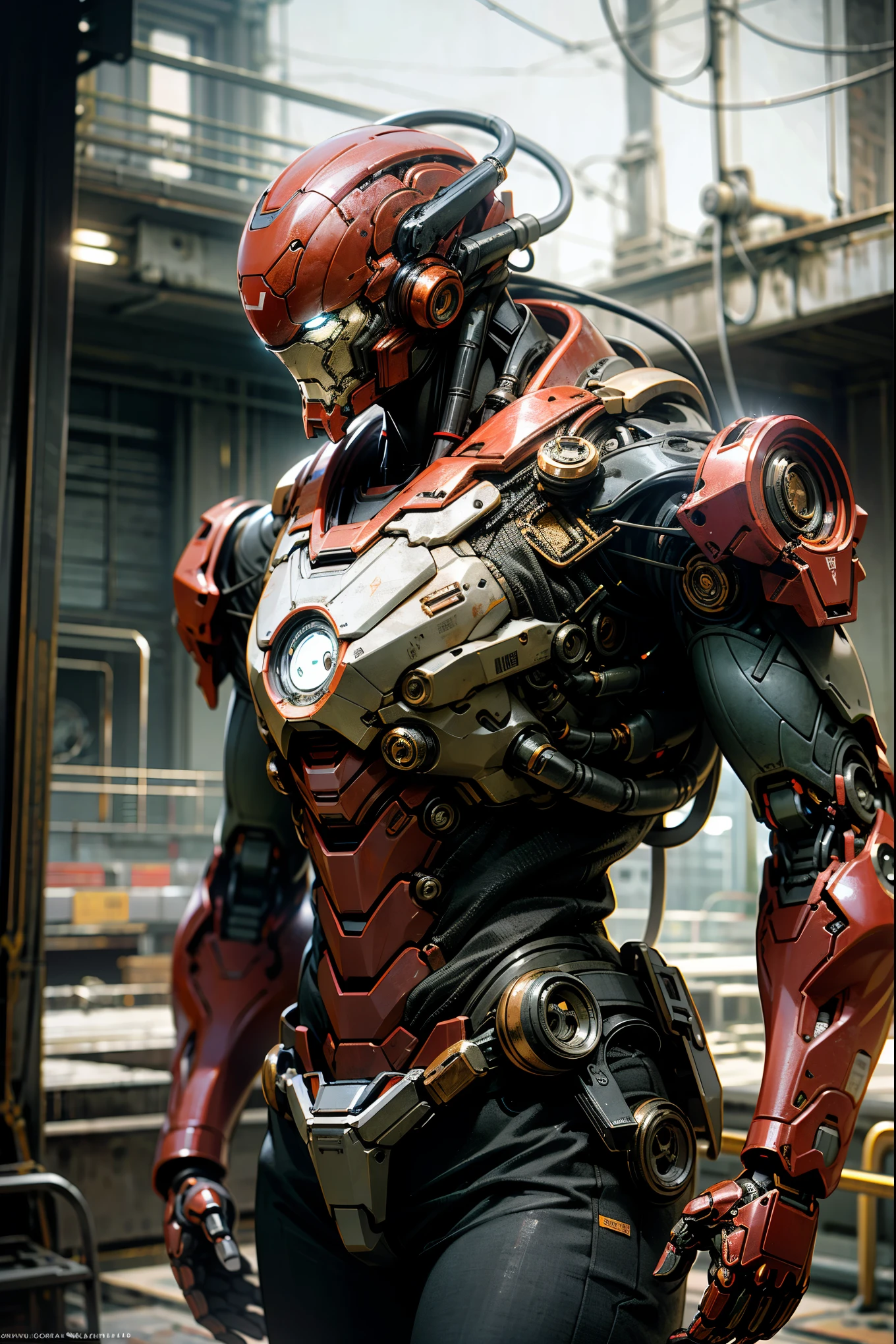 8k, RAW photo, ultra high res, best quality, masterpiece :1.2), (realistic, photo realistic:1.37), (extremely detailed CG unity 8k wallpaper), absurdres, incredibly absurdres, professional lighting, physically-based rendering, sharp focus,BREAK, solo, Iron Man style mask,cyber helmet giant robot,Shining mono eye,cyberpunked,Electromechanical,Codes,Copper wire,tubing,Ball Joint , Rusted body,worn out body, Clear focus,extreme light and shadows,Ray tracing,lensflare,（(dark white theme)）,The background is a broken city area