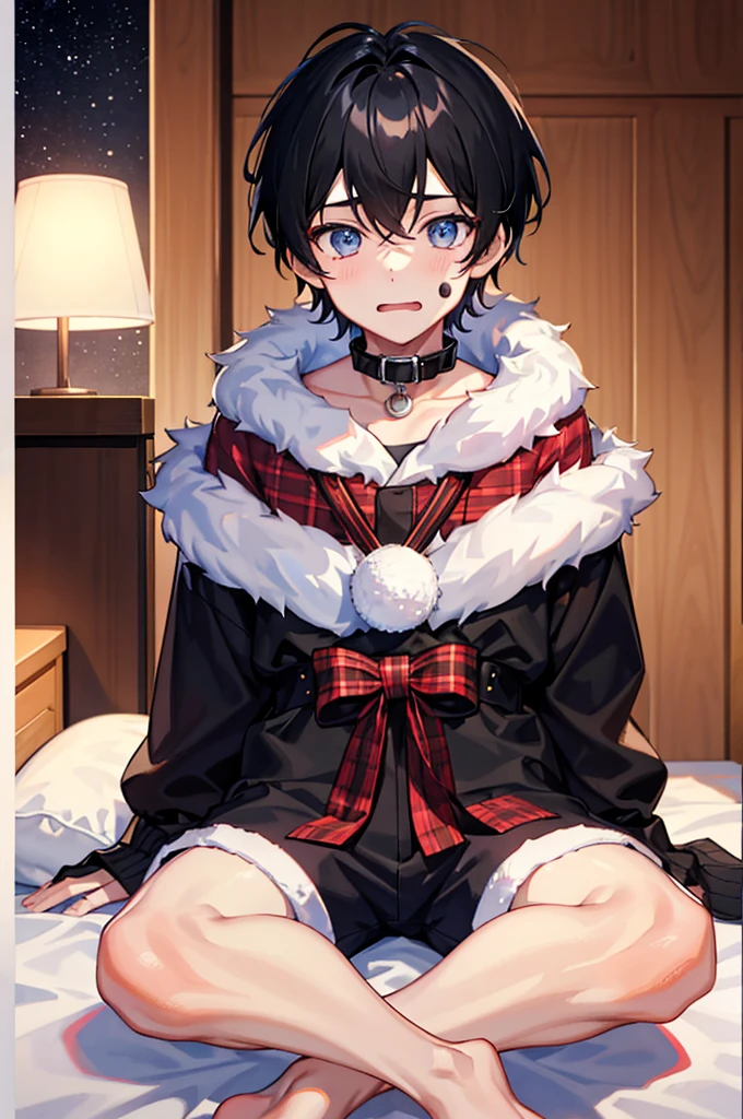 1boys, Man,Male pervert, Short hair, Black hair,Collar,Facial, leg loops,Soft bed,Bedroom,christmas,giftow knot,Highest image quality,超高分辨率,tmasterpiece,