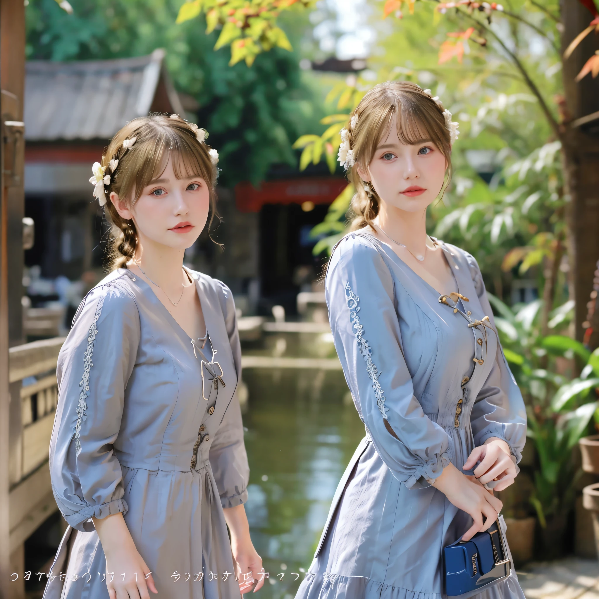 Best Quality, masutepiece, photos realistic, Intricate details, Raw photo, ultra-detailliert, old fashioned Young Woman, In peasant style dresses, No neckline, Blonde hair, Perfect details and blue eyes, Walk through the Old Town, HD quality, 8K, Young Woman, 20 years old