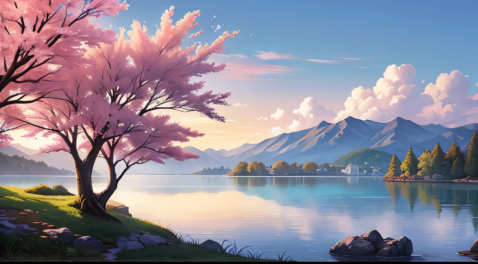 Painting of a tree in the lake，The background is mountains, Pink tree next to the big lake, landscape artwork, background artwork, Beautiful Art Ultra HD 4K, beautiful digital painting, peaceful scenery, 风景 Wallpapers, Wallpapers, 风景Wallpapers, 美丽的Wallpapers, Very Beautiful Digital Art, anime 风景Wallpapers, gorgeous digital painting, Landscape art detailed, 4k highly detailed digital art