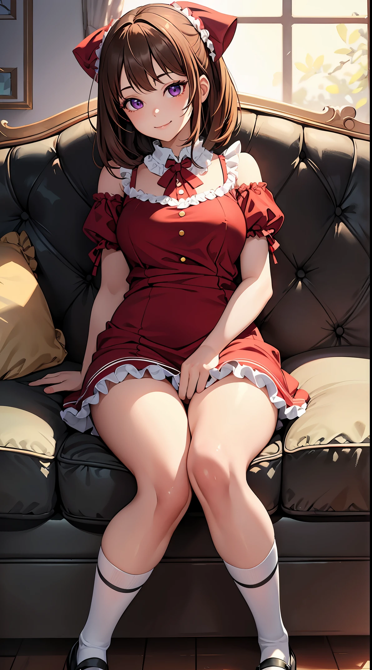 Masterpiece, photorealistic, highest quality, highest detail, cowboy shots, in-depth anime style, exaggerating the differences in materials and textures, Girl: A cute girl with brown hair, purple eyes, and tall, big eyes. She is 5 . Her outfit is a cute dress with frills and socks. She wears a huge red ribbon on her head. The girl is leaning like a doll on the big sofa, she is fast asleep. Her face is peaceful, smiling and very pretty.