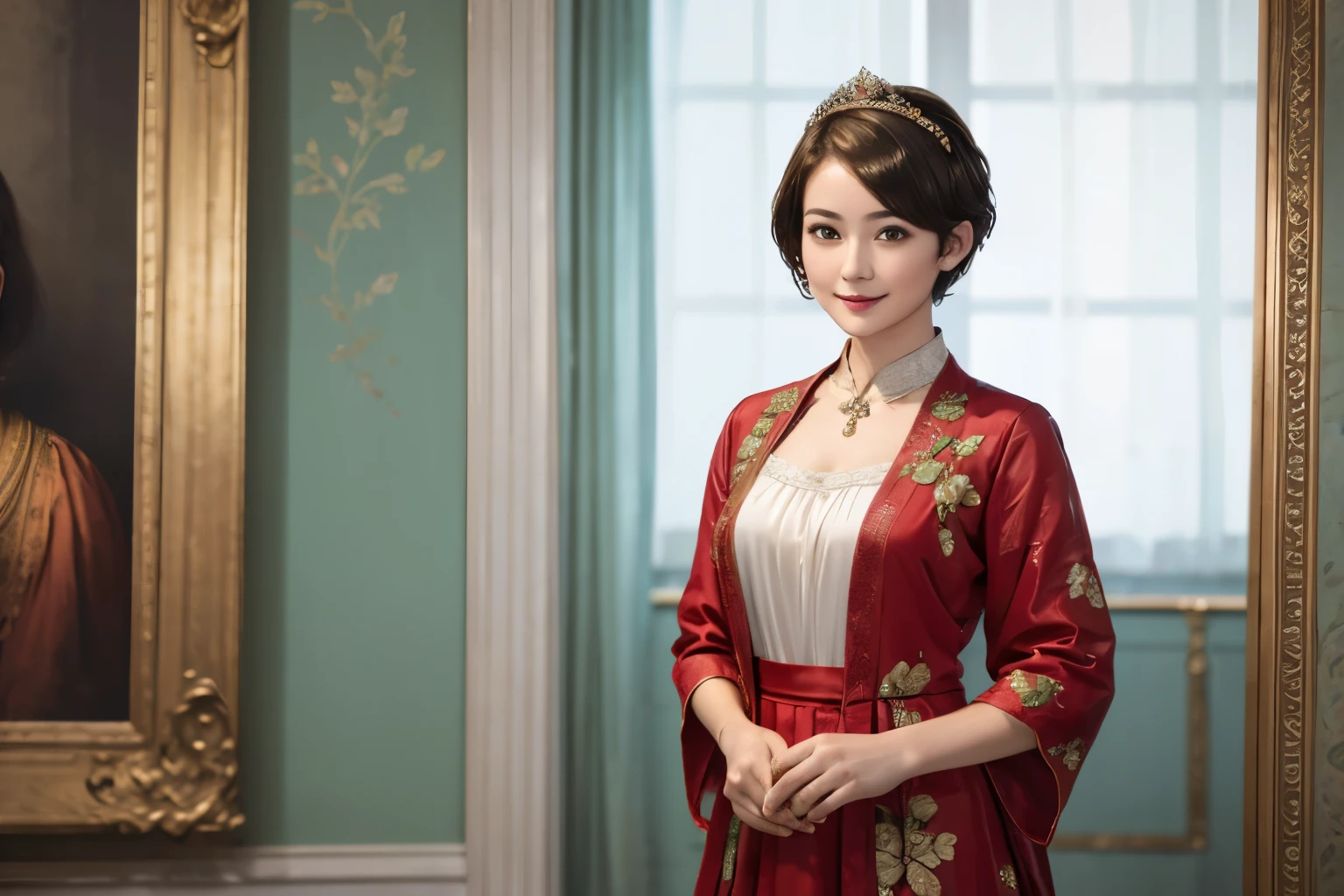 141
(a 20 yo woman,in the palace), (A hyper-realistic), (high-level image quality), ((beautiful hairstyle 46)), ((short-hair:1.46)), (kindly smile), (breasted:1.1), (lipsticks), (is wearing dress), (murky,wide,Luxurious room), (florals), (an oil painting、Rembrandt)