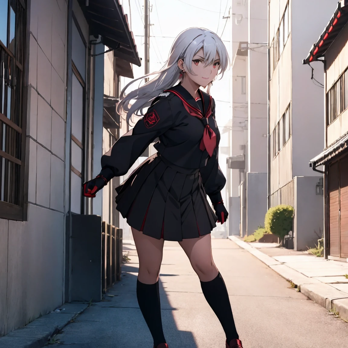 sukeban, illyasviel_von_einzbern, mature_female, silver hair, holding yoyo, combat pose, full body, flowing hair, hair between the eyes, asymmetrical hair, red eyes, delicate facial features, sukeban deka clothe, black japanese school uniform, looking_at_viewer, outdoors, background tokyo, ((solo, solo focus, solo girl,1girl))+++++,woman in a black sukeban costume standing on a set of strees, black japanese sukeban school uniform, 80's japanese sukeban photo, wearing black japanese sukeban school uniform, rumiko, sukeban japanese girl school uniform, dressed as sukeban schoolgirl, black sukeban female sailor uniforms, sukeban sailor uniform, sukeban seifuku, of a schoolgirl posing, of a youthful sukeban japanese girl, wearing sukeban headmistress uniform, 90s japan, sukeban, long black skirt, red basket, full body, light skin tone female, full body, tape, arm_support, gloves, red_gloves, bridal gauntlets, black_footwear, fighter outfitfull body, hourglass, mature face, cheeky smile, cheeky face, wrinkles,( short hair, earrings, ear piercings), realistic, (fighting art, Martial arts, standing, fighting_stance, fight, fighting), extra colors, 2D, megapixel, perfectionism, accent lighting, full HD , 4K, masterpiece, empty red eyes