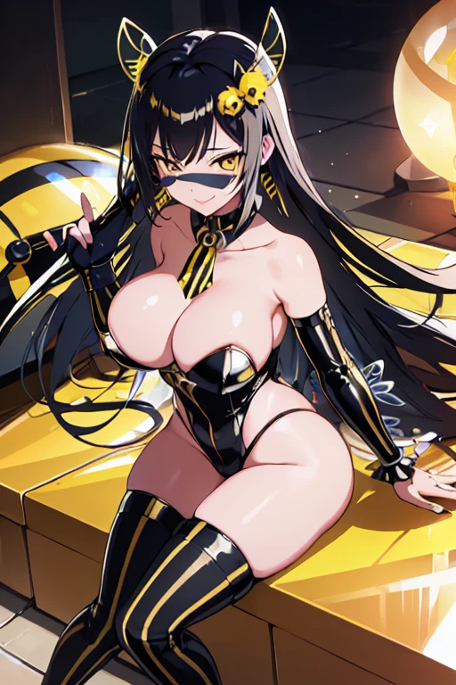 nsfw, pixiv, evil smile, sadistic, erotic lips, seductive eyes, drooping eyes, provocative expression, smirks, squint, enraptured, fascinated, scornful laughter, aroused, lovely, naughty face, half closed eyes, fearless smile, crazy smile,toned female, glamorous perfect female proportion, wide hips, extremely shiny, reflecting light, awesome metallic surface texture, cute, akiba, anime face, moe, yellow and black striped hair, wasp ornament, Yellow and black striped boots, wasp transparent wings, bee Transparent wings, wasp antennae, wasp printed, Honeycomb printed, poison needle, yellow and black striped fur, wasp eye helmet, spike choker, earrings,, best quality, amazing quality, very aesthetic, absurdres
